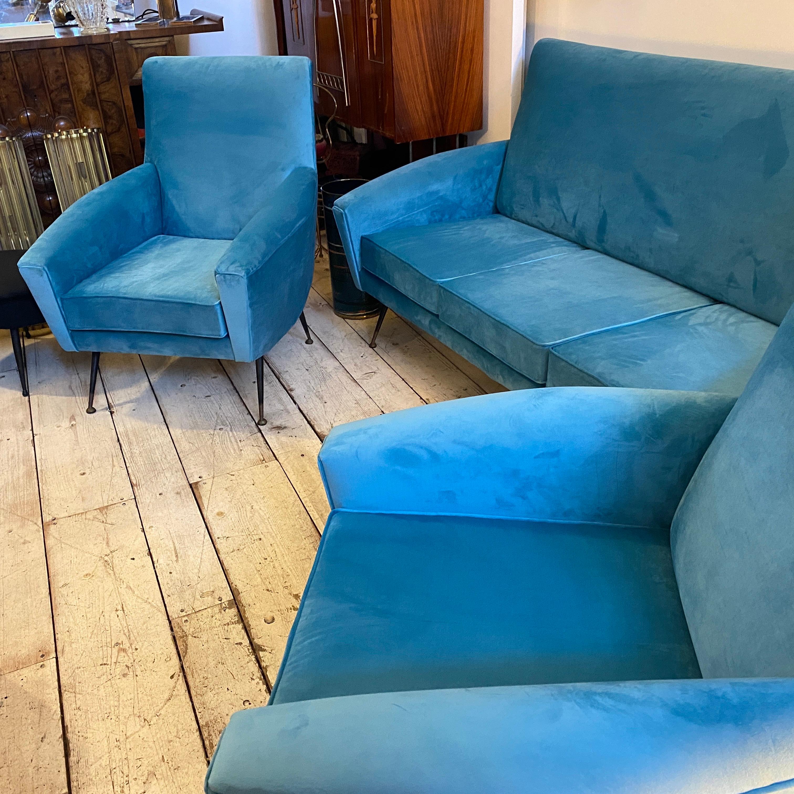 1960s Mid-Century Modern Blue Velvet and Brass Italian Sofa and two Armchairs 10
