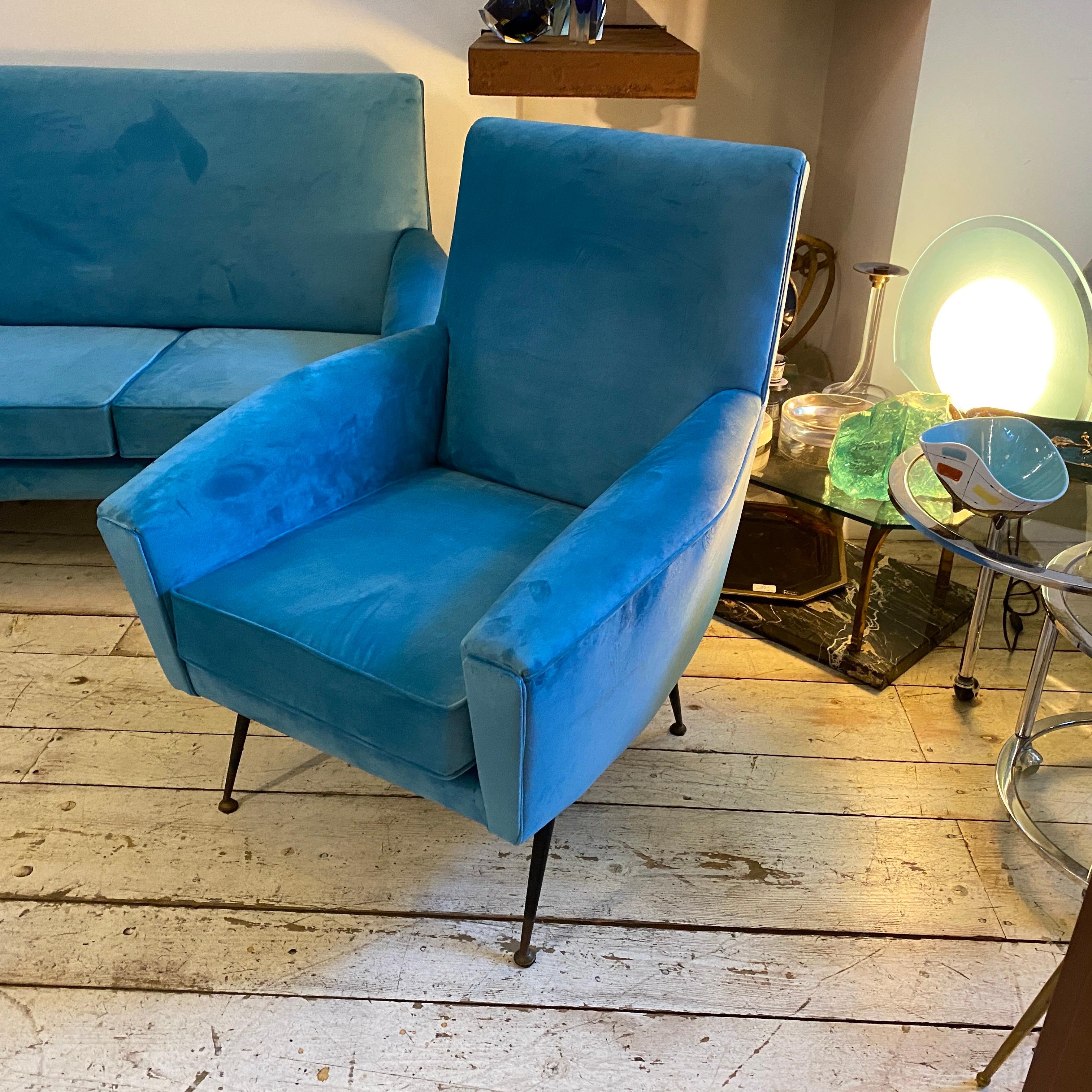 20th Century 1960s Mid-Century Modern Blue Velvet and Brass Italian Sofa and two Armchairs