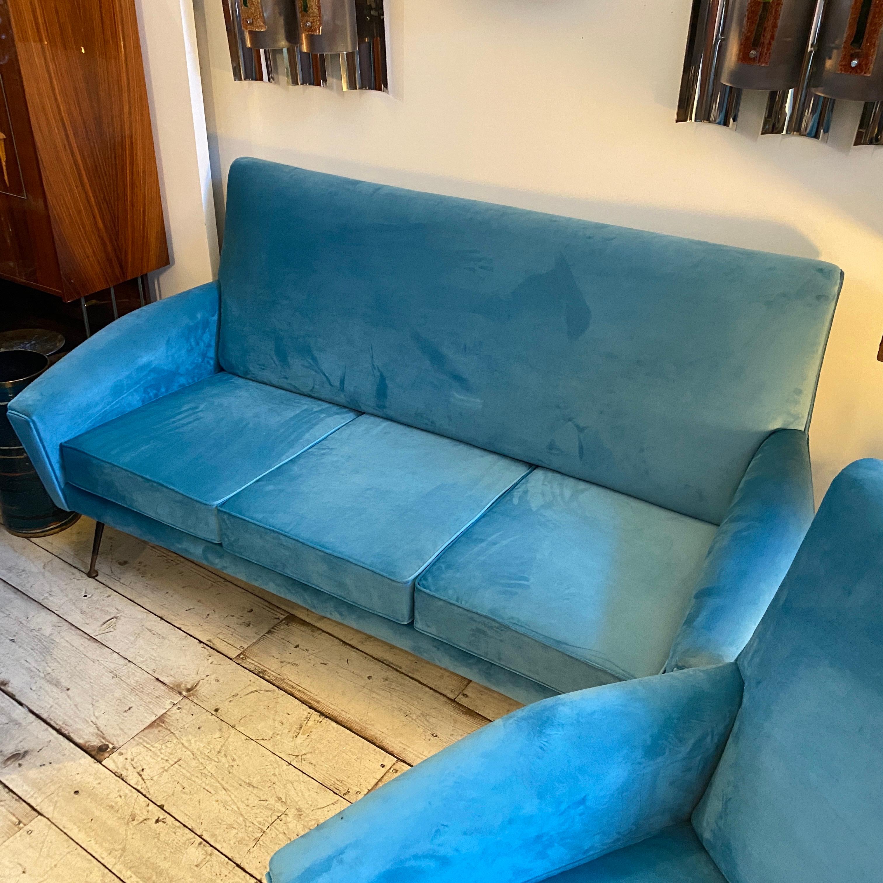 1960s Mid-Century Modern Blue Velvet and Brass Italian Sofa and two Armchairs 1