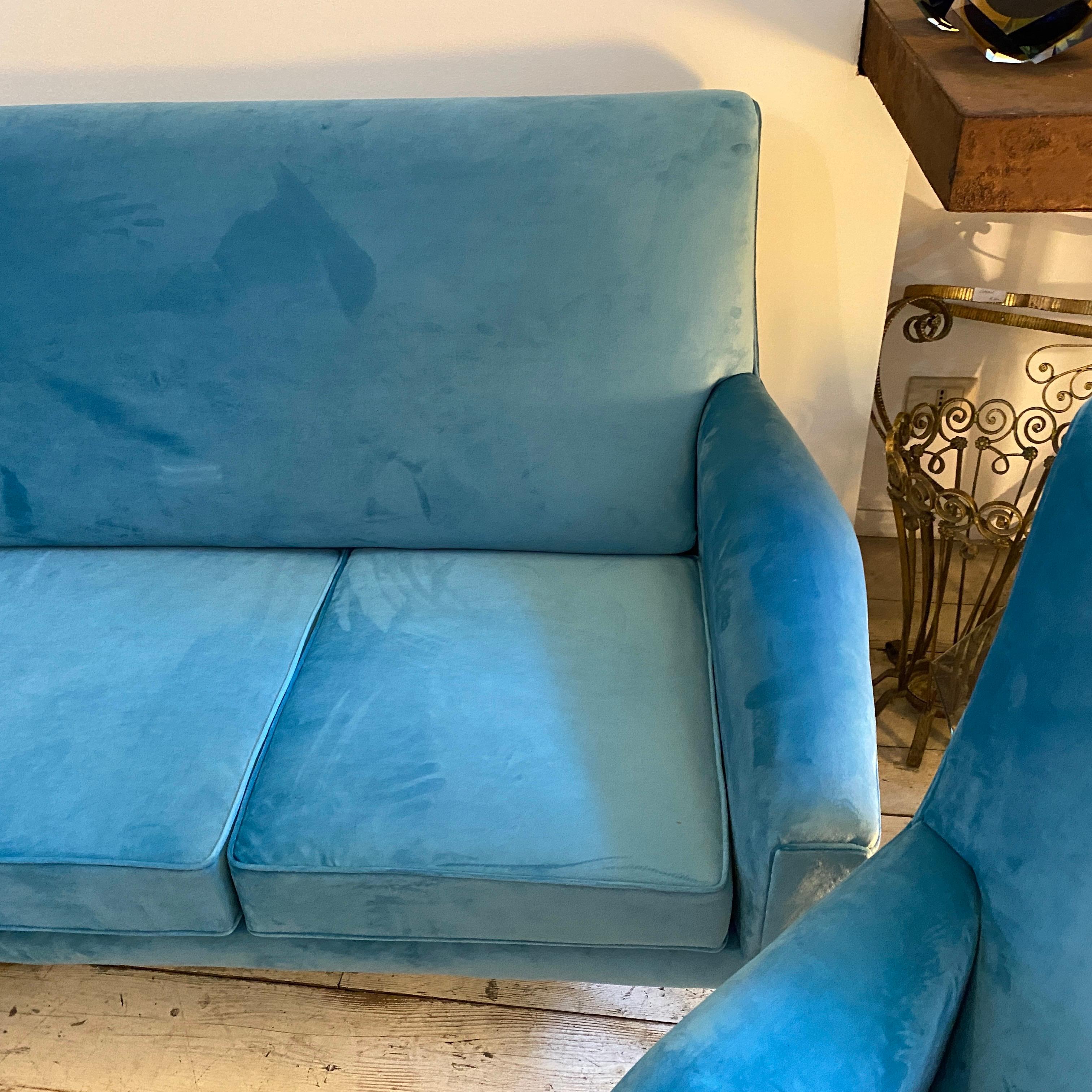 1960s Mid-Century Modern Blue Velvet and Brass Italian Sofa and two Armchairs 2