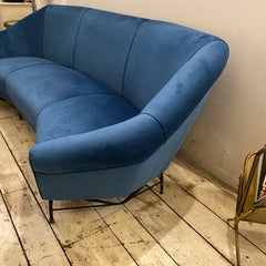 1960s Mid-Century Modern Blue Velvet Italian Curved Sofa
