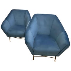 1960s Mid-Century Modern Brass and Blue Velvet Italian Armchairs 1960s Mid-Century Modern Brass and Blue Velvet Italian Armchairs