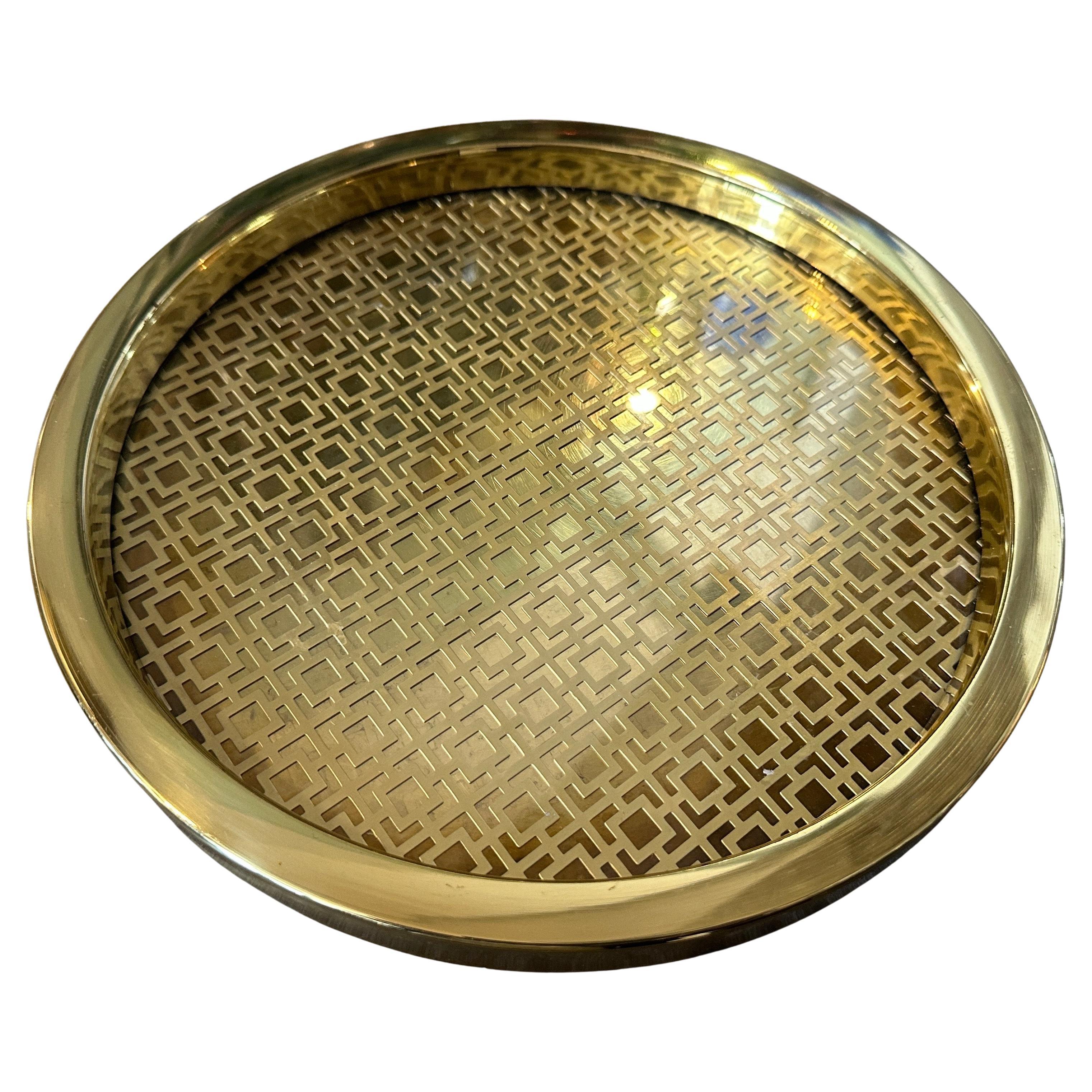 1960s Mid-century Modern Brass and Glass Round Italian Serving Gallery Tray For Sale