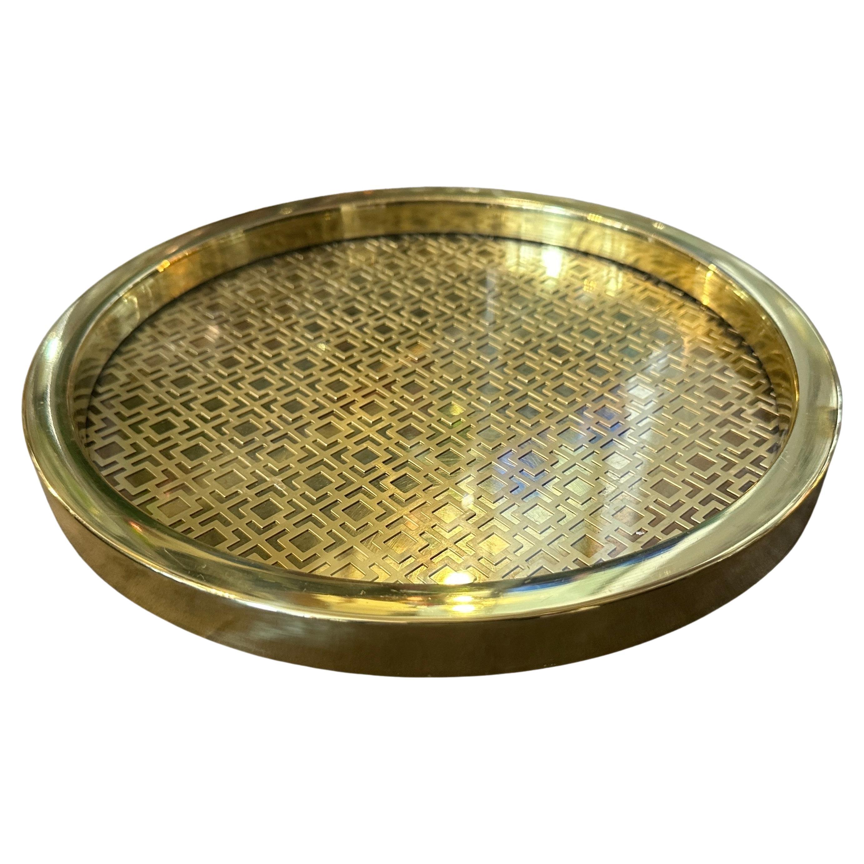 1960s Mid-century Modern Brass and Glass Round Italian Serving Tray For Sale