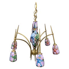 1960s Mid-Century Modern Brass and Hand-Painted Ceramic Italian Chandelier
