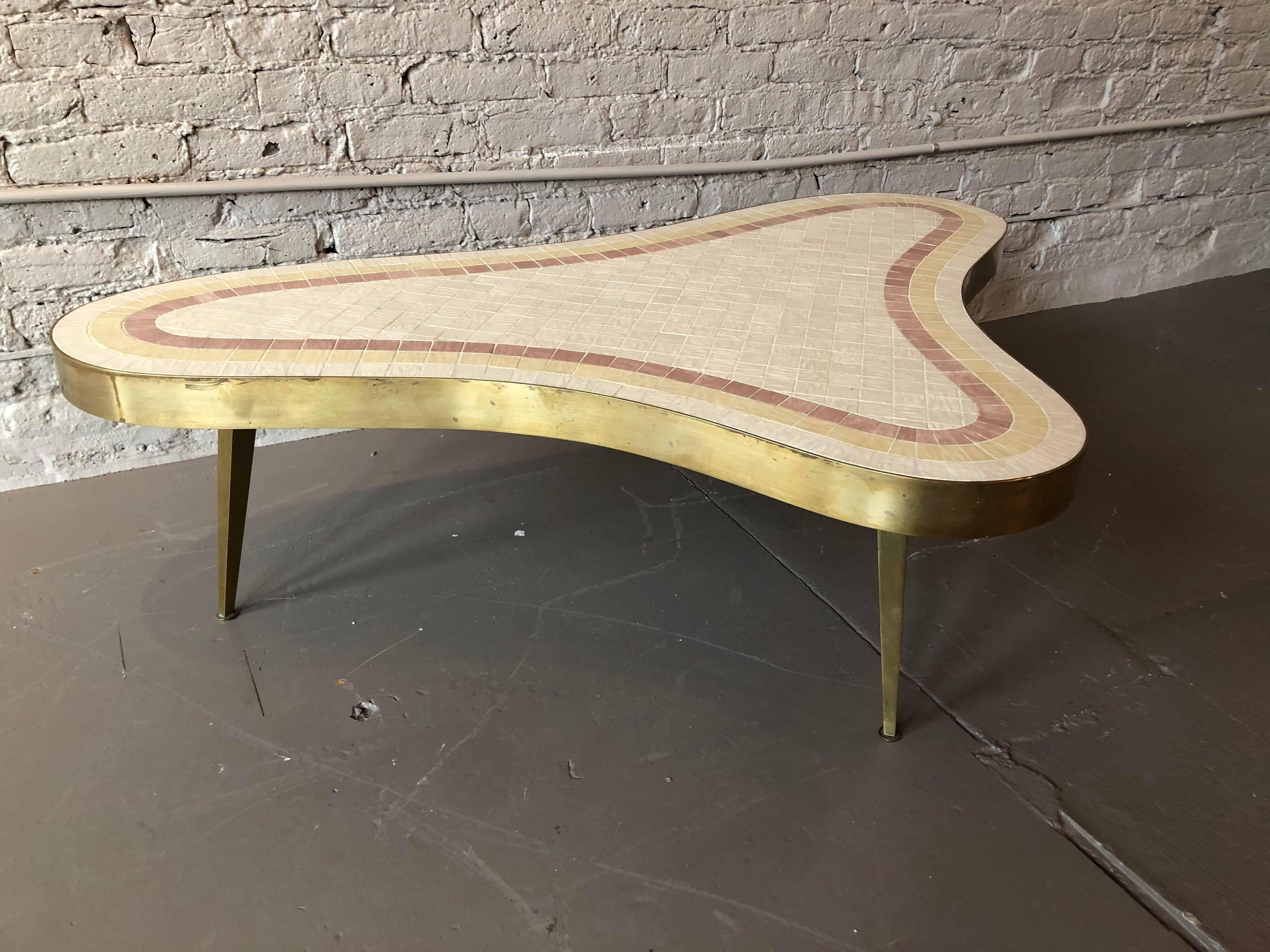 American 1960s Mid-Century Modern Brass and Mosaic Tile Coffee Table