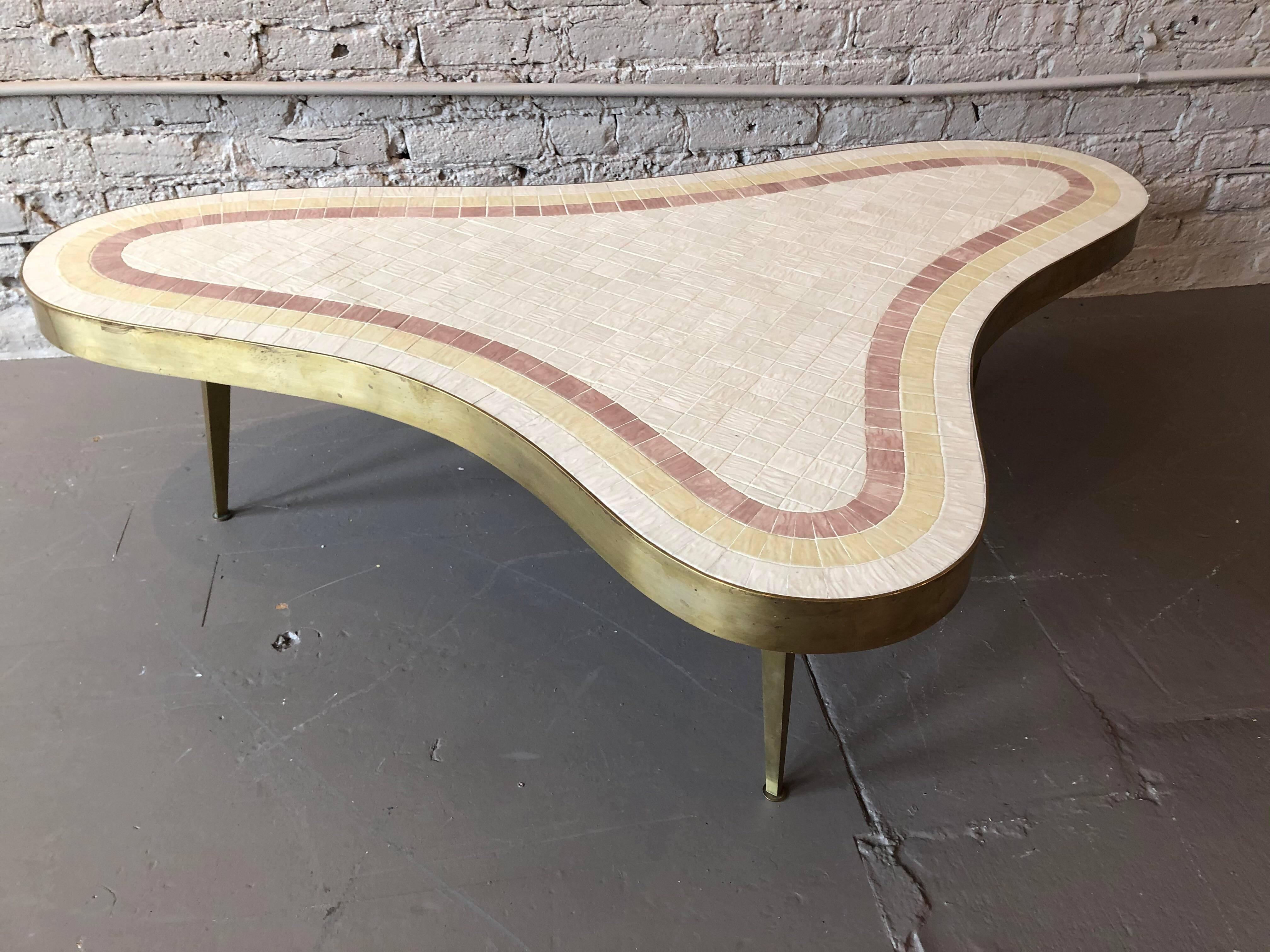 1960s Mid-Century Modern Brass and Mosaic Tile Coffee Table In Good Condition In Chicago, IL