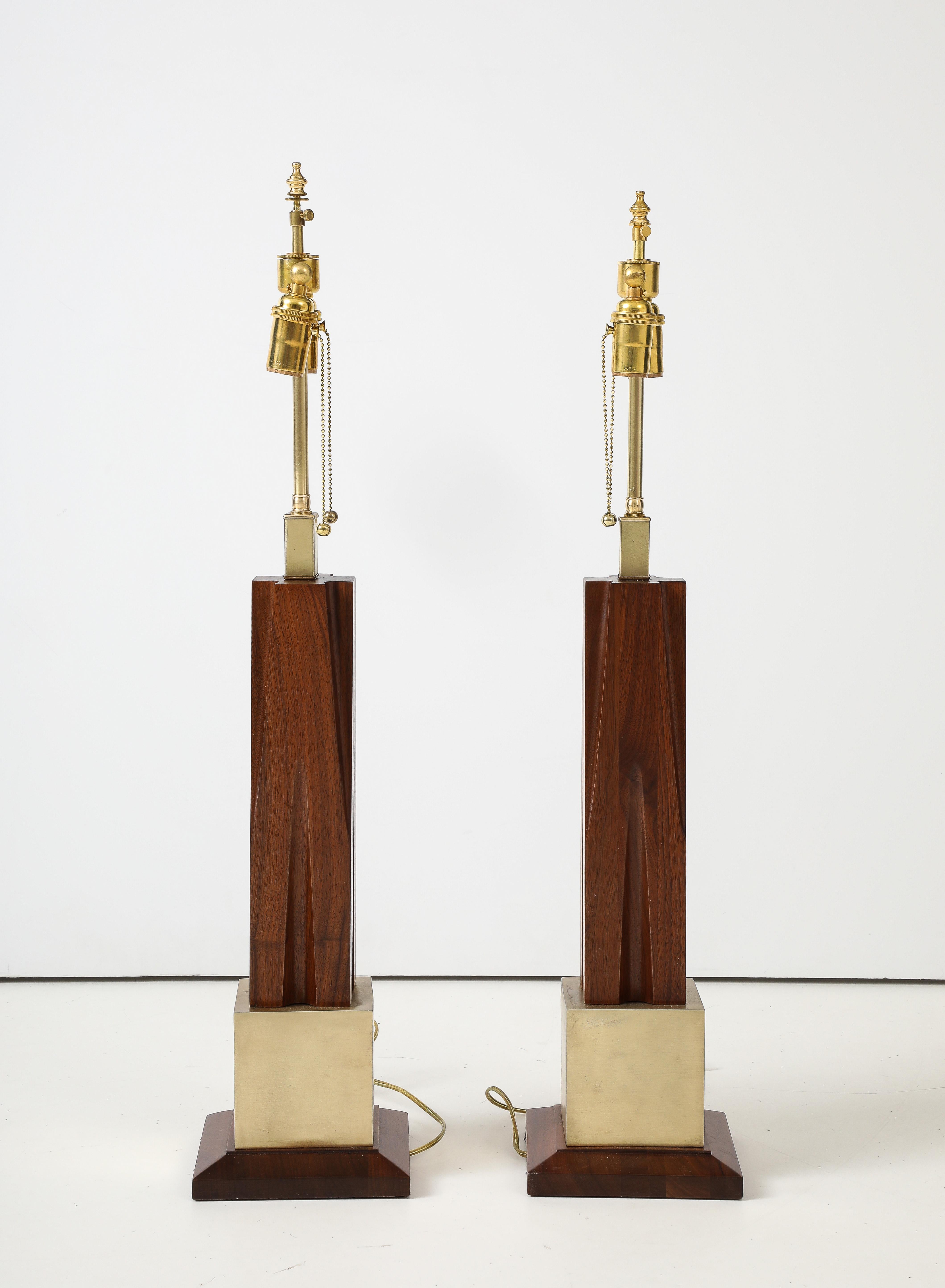1960's Mid-Century Modern Brass And Walnut Table Lamps Attributed To Laurel For Sale 5