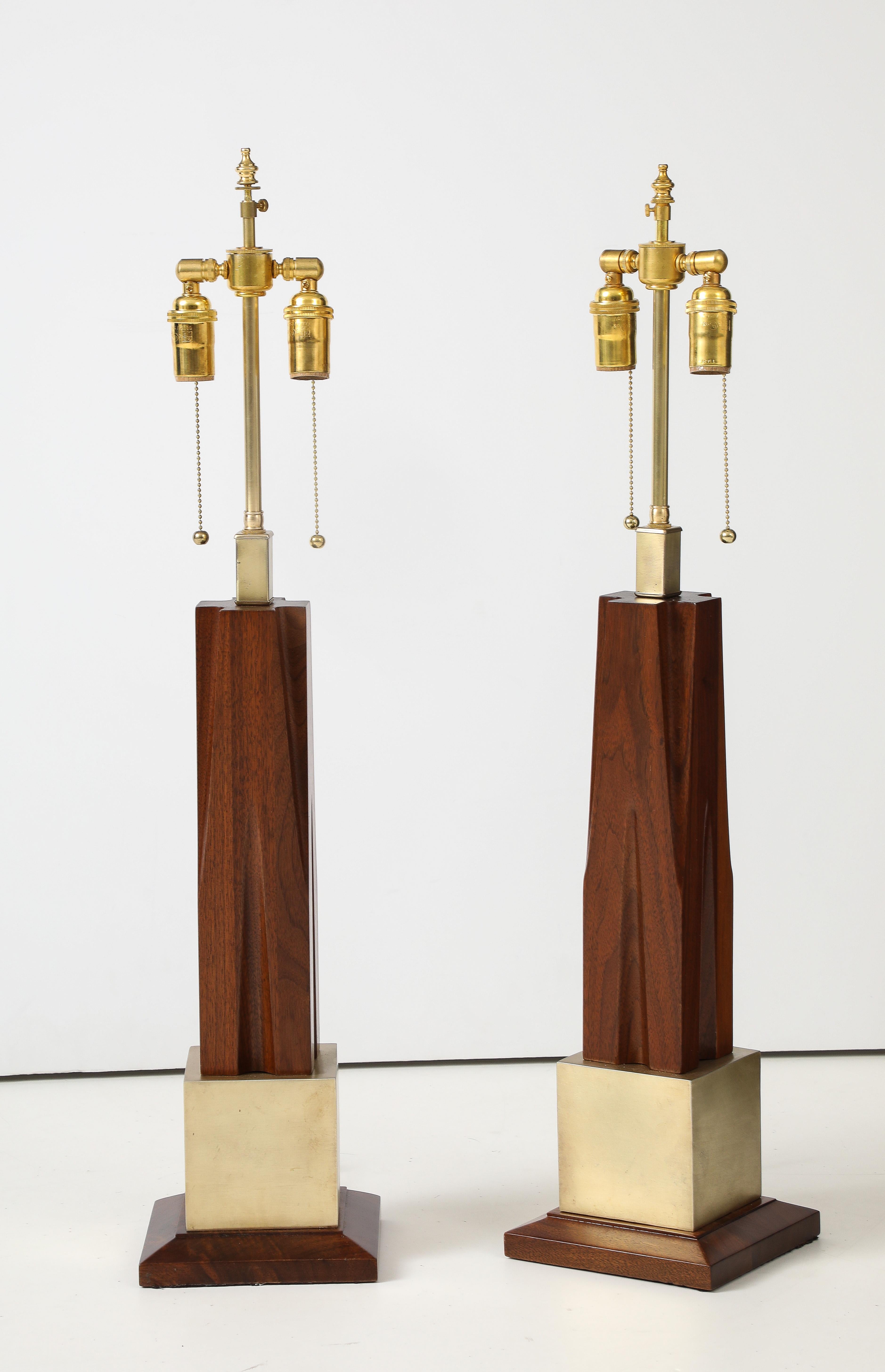 1960's Mid-Century Modern Brass And Walnut Table Lamps Attributed To Laurel For Sale 6