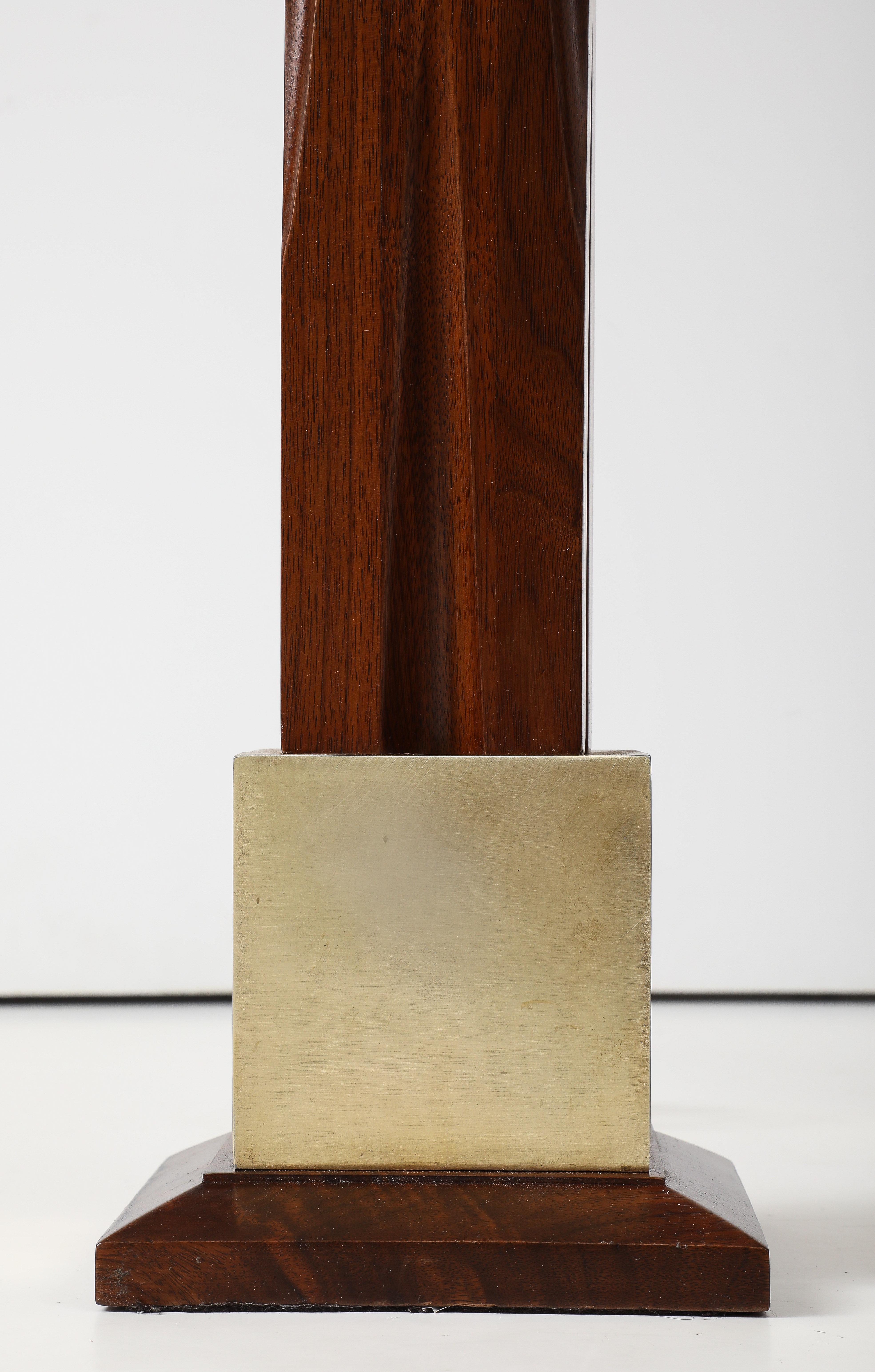 1960's mid-century modern solid sculptural walnut and brass table lamps attributed to Laurel, lightly restored and newly rewired with minor wear and patina due to age and use.