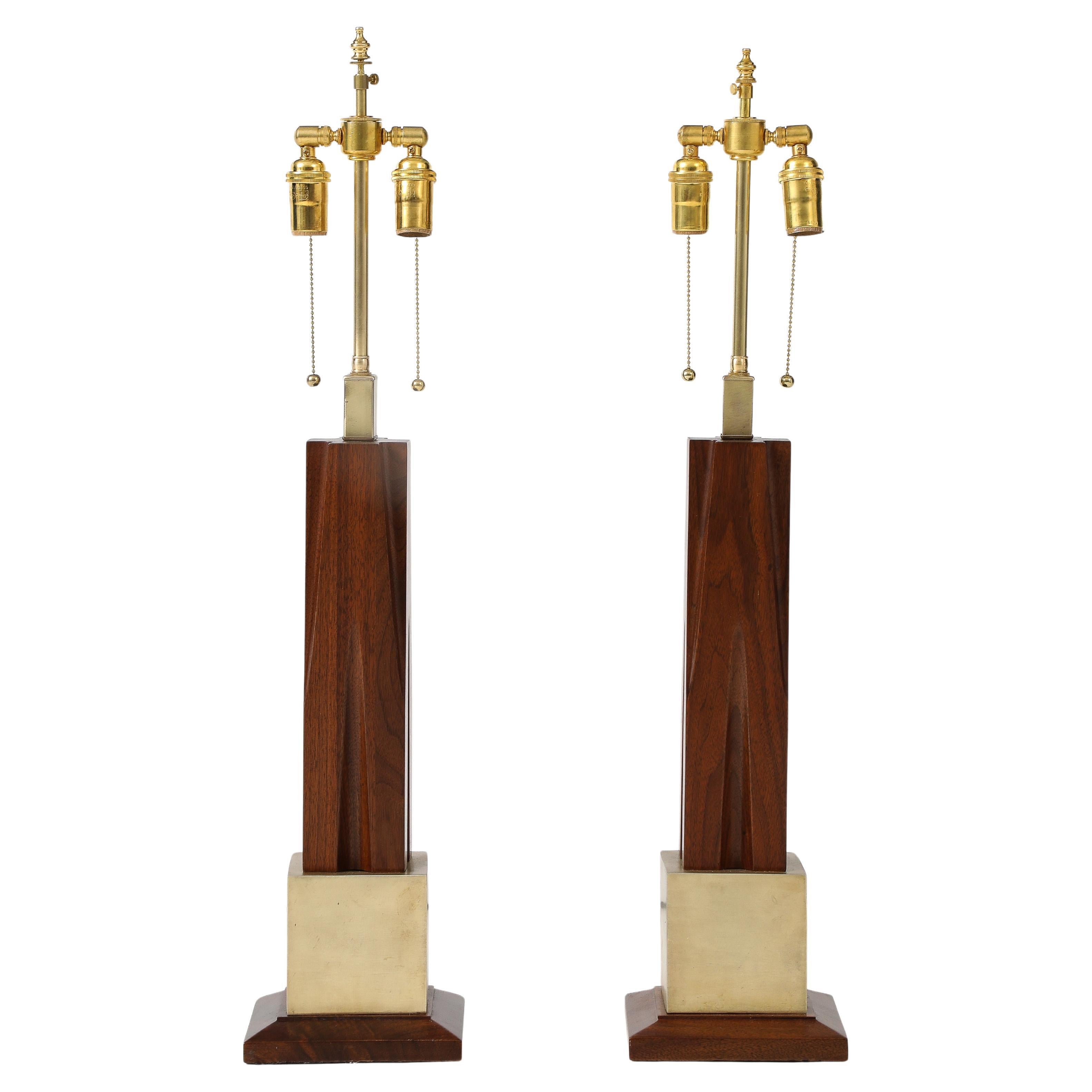 1960's Mid-Century Modern Brass And Walnut Table Lamps Attributed To Laurel For Sale