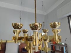 1960s Mid-Century Modern Brass and White Painted Metal Chandelier