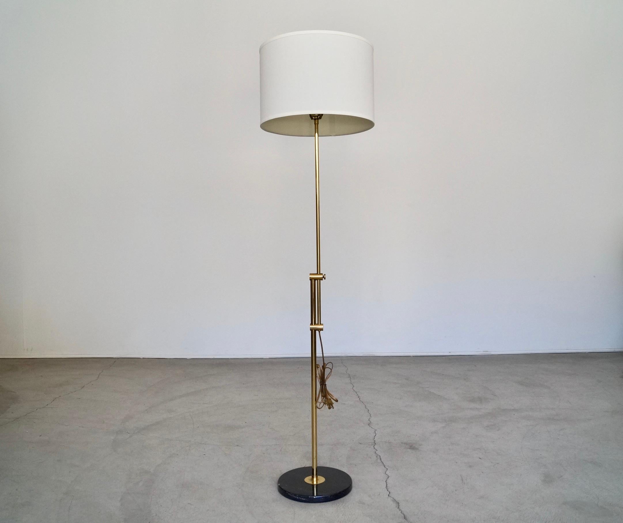 American 1960's Mid-Century Modern Brass & Marble Adjustable Floor Lamp For Sale