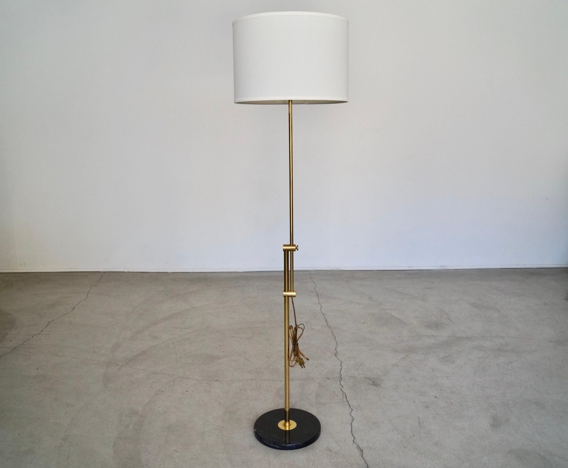 1960's Mid-Century Modern Brass & Marble Adjustable Floor Lamp In Good Condition For Sale In Burbank, CA