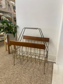 1960s Mid-Century Modern Brass Toned Wire and Wood Magazine Rack.