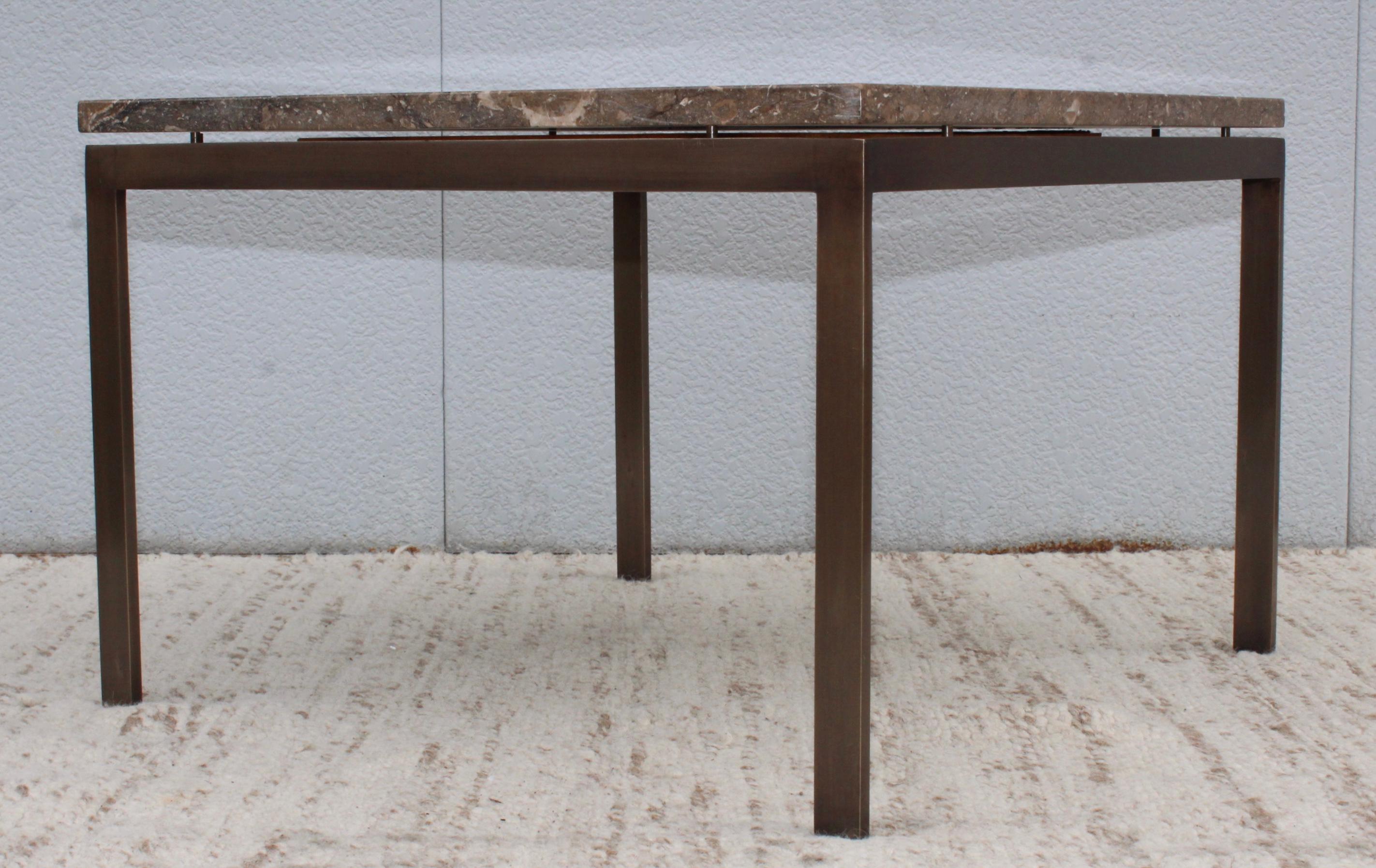 Stunning 1960's Mid-Century Modern custom made bronze base with marble top coffee table made by Cumberland Furniture Corporation for The Greenwich Savings Bank, in vintage original condition with some wear and patina to the bronze, the base is made