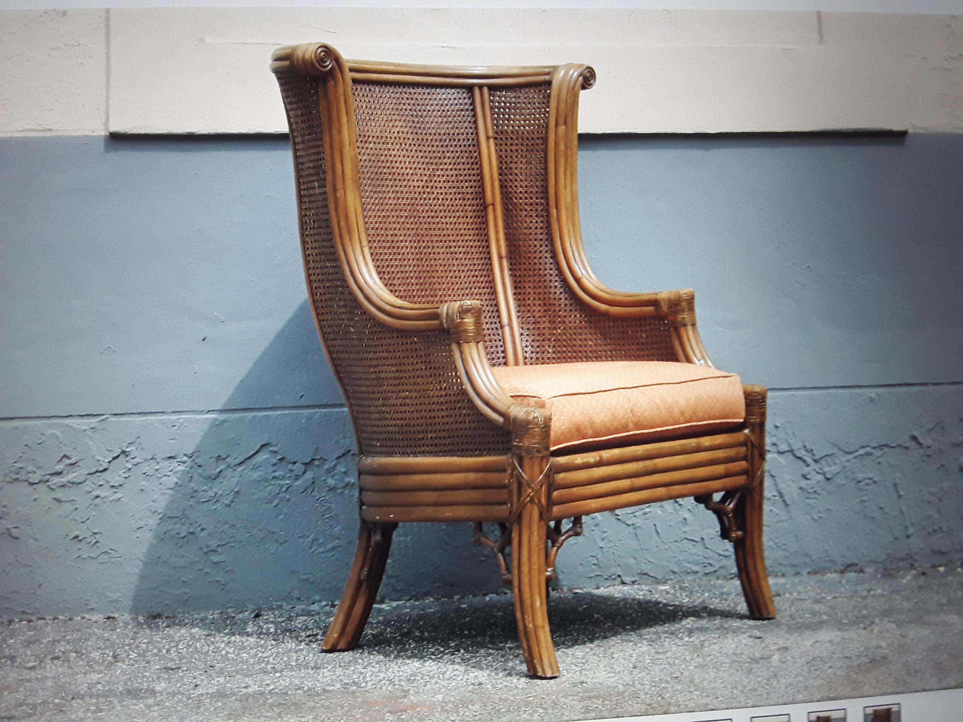 1960's Mid Century Modern Carved Faux Bamboo and Double Caned Wingback Chair For Sale 3