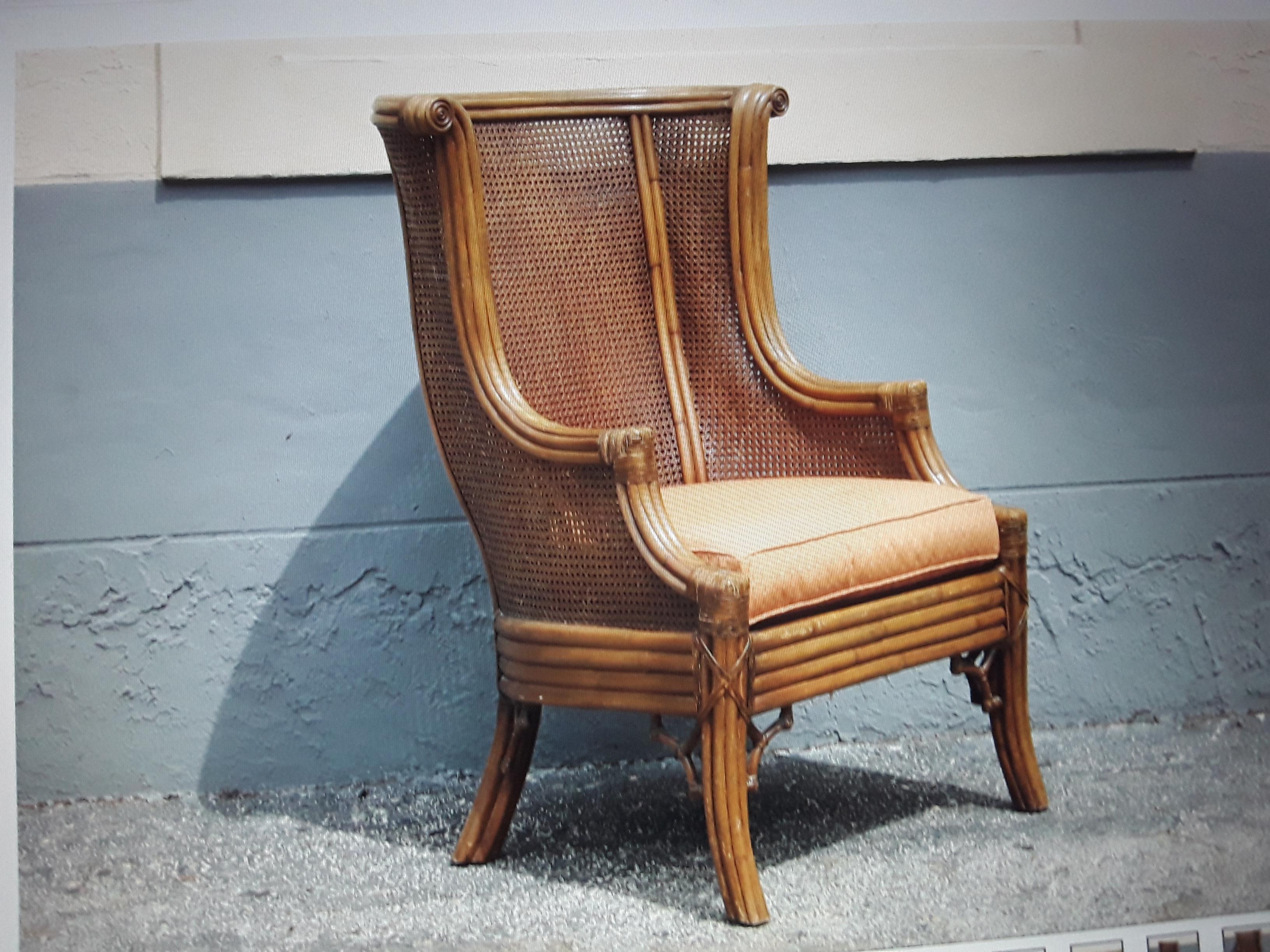 1960's Mid Century Modern Carved Faux Bamboo and Double Caned Wingback Chair For Sale 4