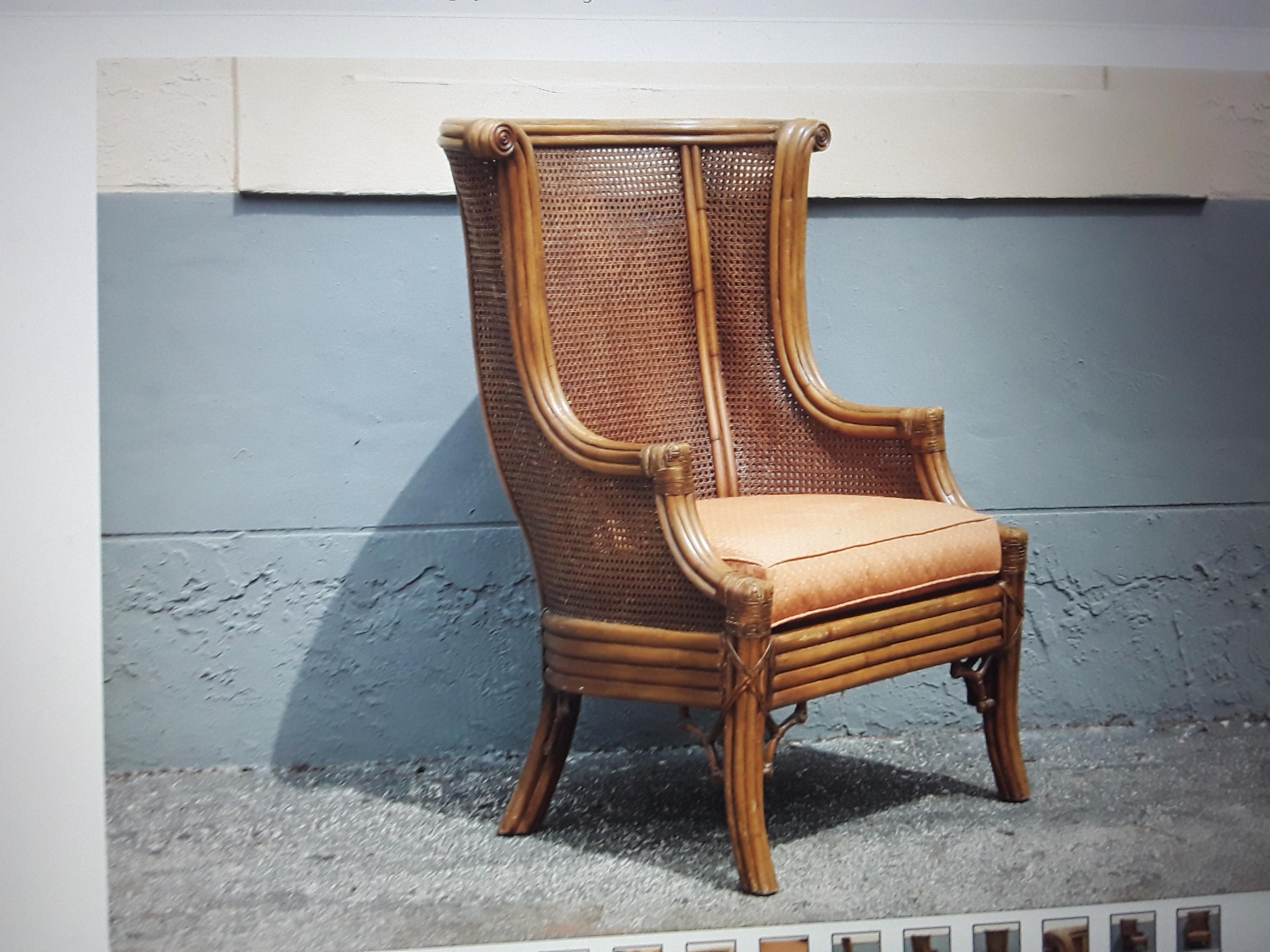 1960's Mid Century Modern Carved Faux Bamboo and Double Caned Wingback Chair For Sale 5