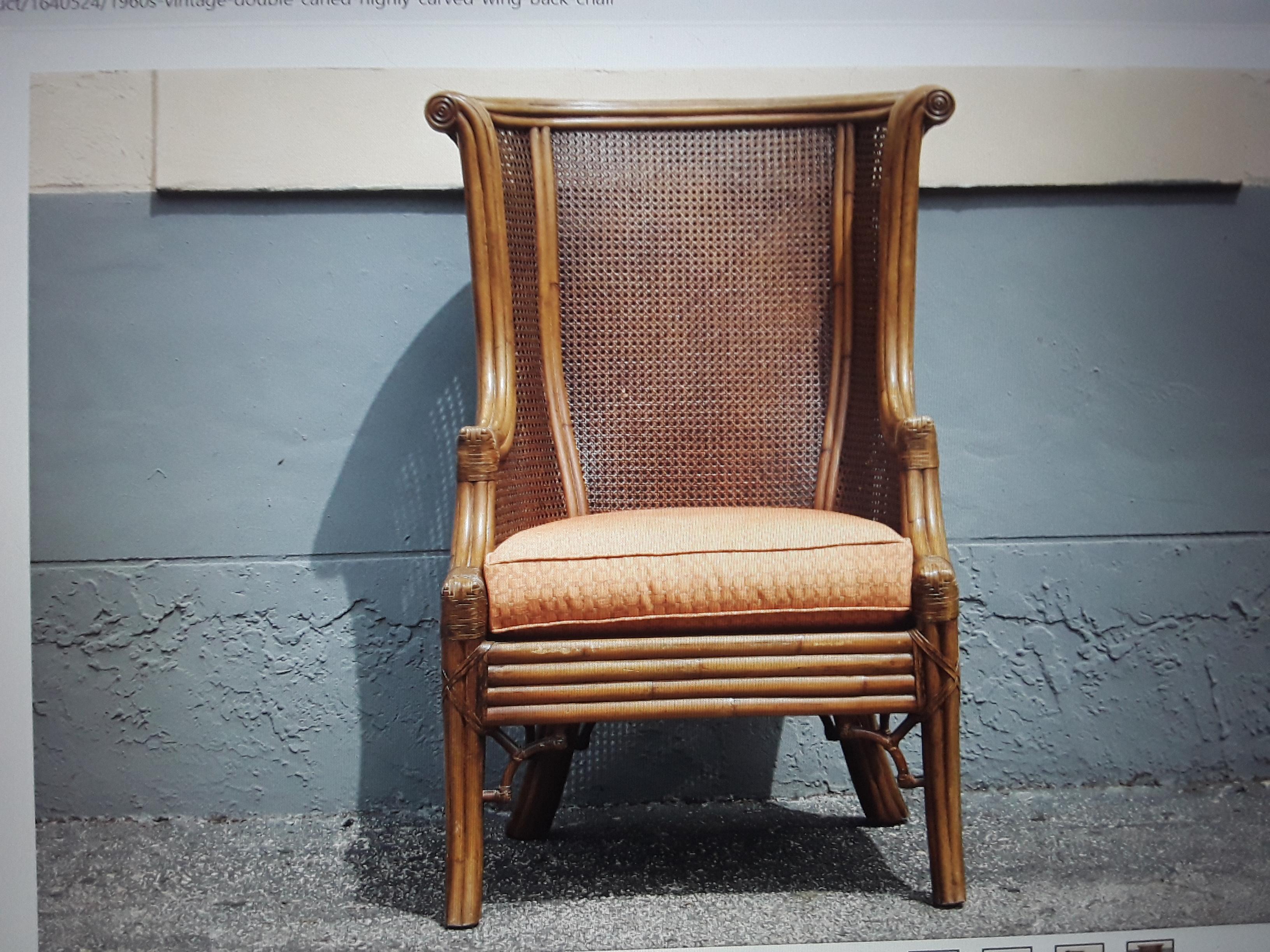 1960's Mid Century Modern Carved Faux Bamboo and Double Caned Wingback Chair For Sale 6