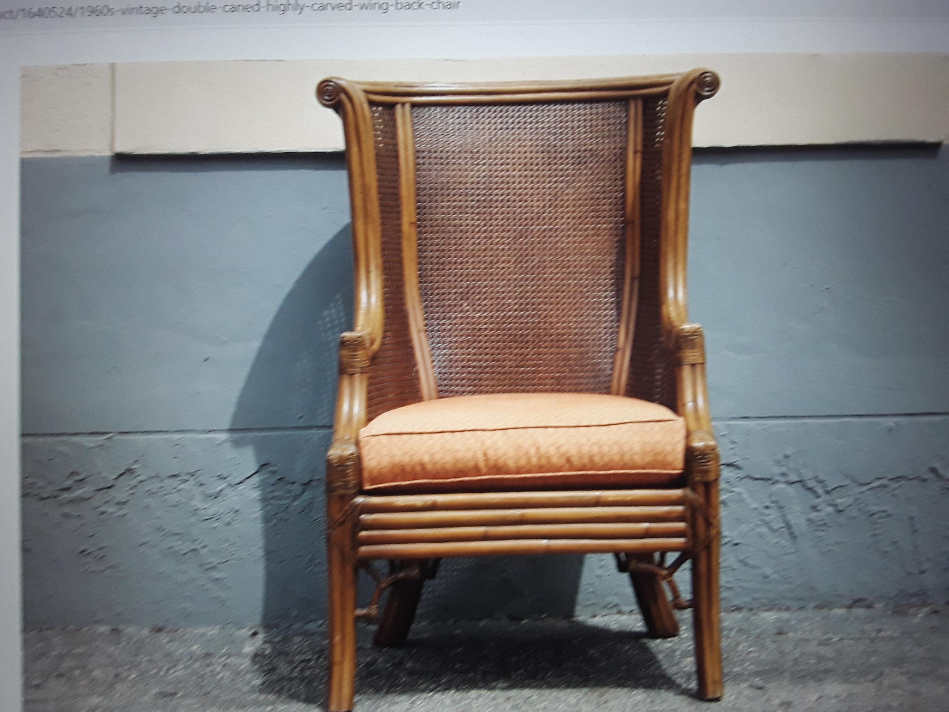 1960's Mid Century Modern Carved Faux Bamboo and Double Caned Wingback Chair For Sale 7
