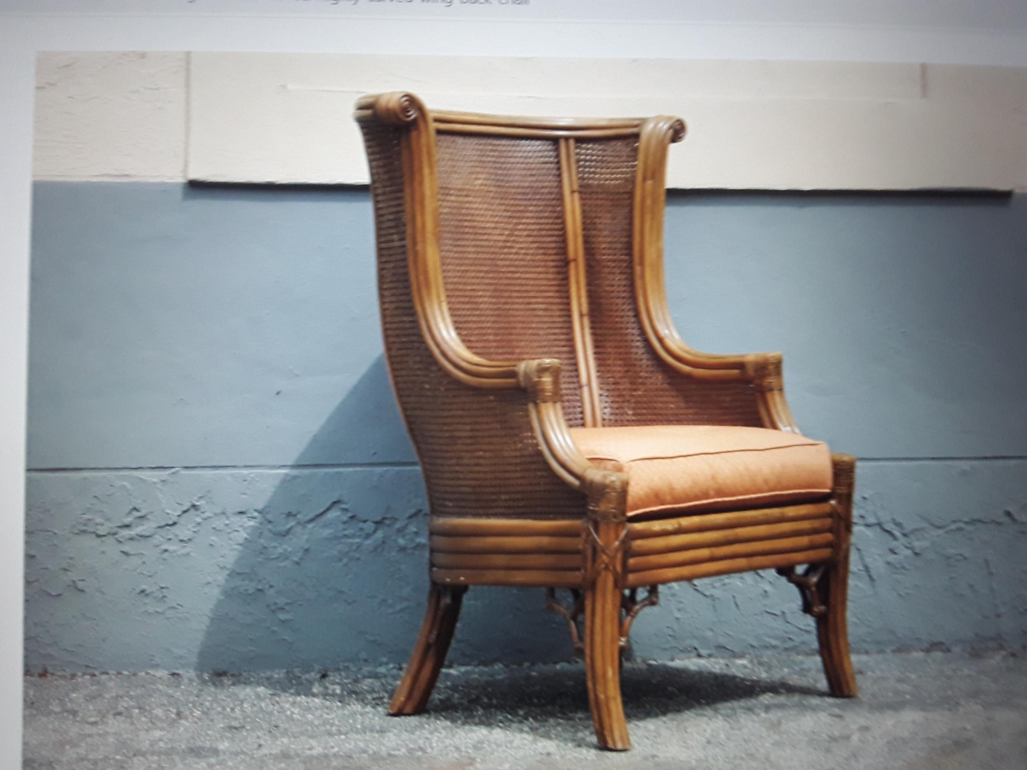 Mid-Century Modern 1960's Mid Century Modern Carved Faux Bamboo and Double Caned Wingback Chair For Sale