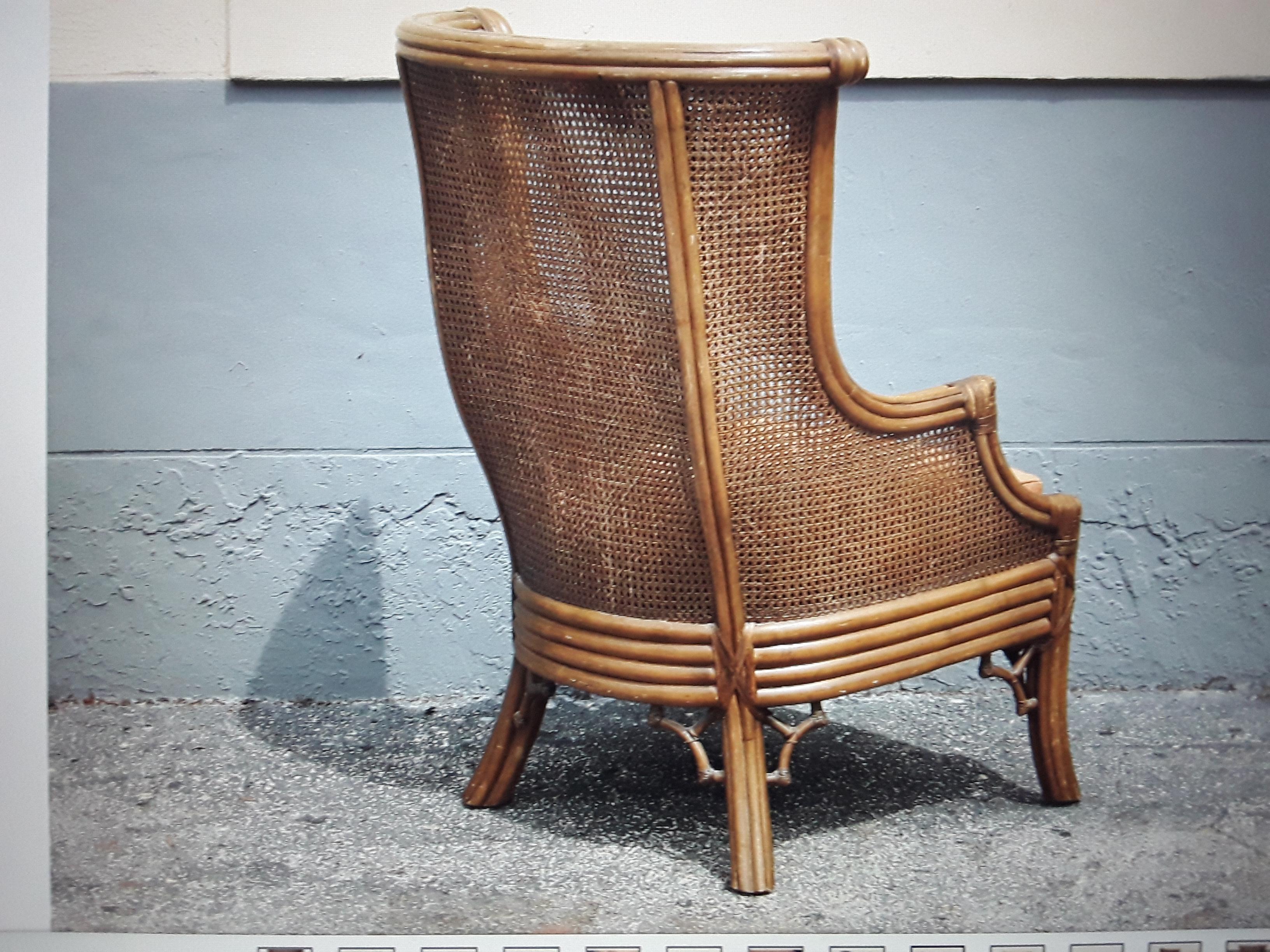 1960's Mid Century Modern Carved Faux Bamboo and Double Caned Wingback Chair In Good Condition For Sale In Opa Locka, FL