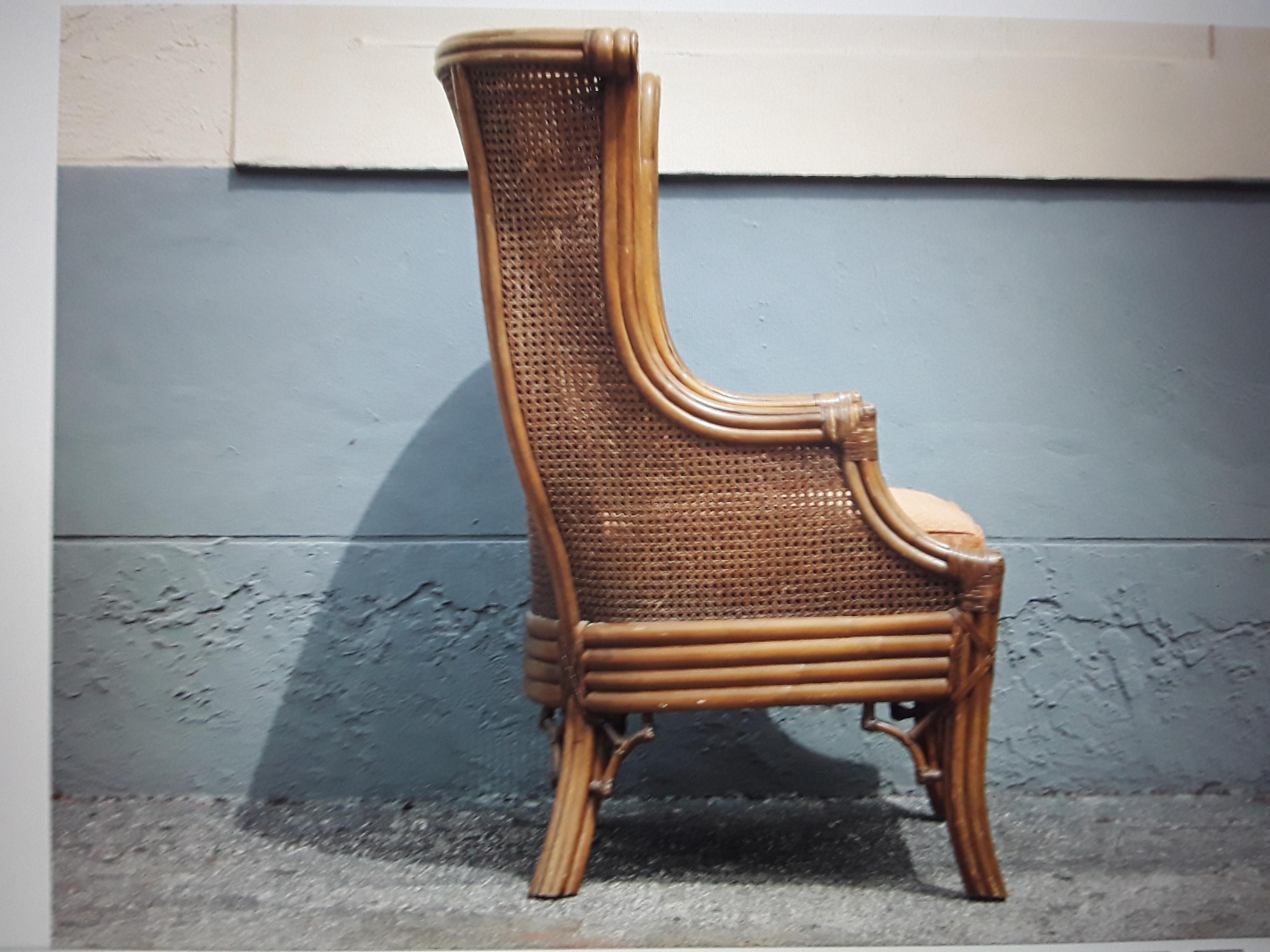 Mid-20th Century 1960's Mid Century Modern Carved Faux Bamboo and Double Caned Wingback Chair For Sale