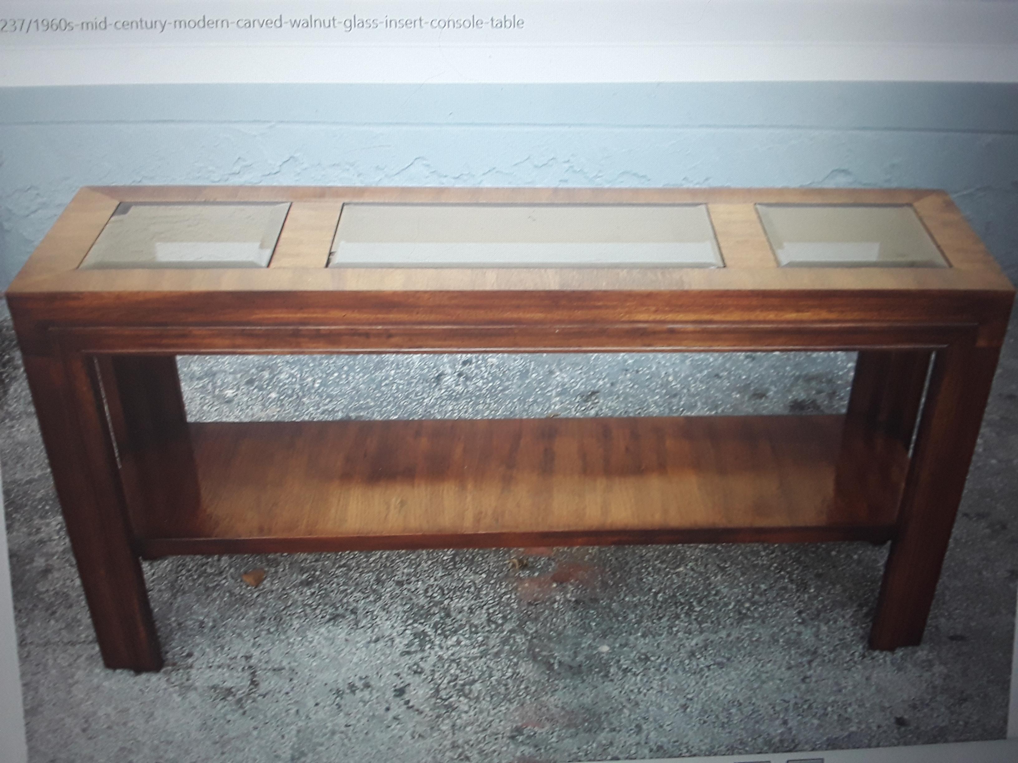 1960's Mid Century Modern Carved Walnut/ Glass Insert Console Table/ Sofa Table For Sale 4