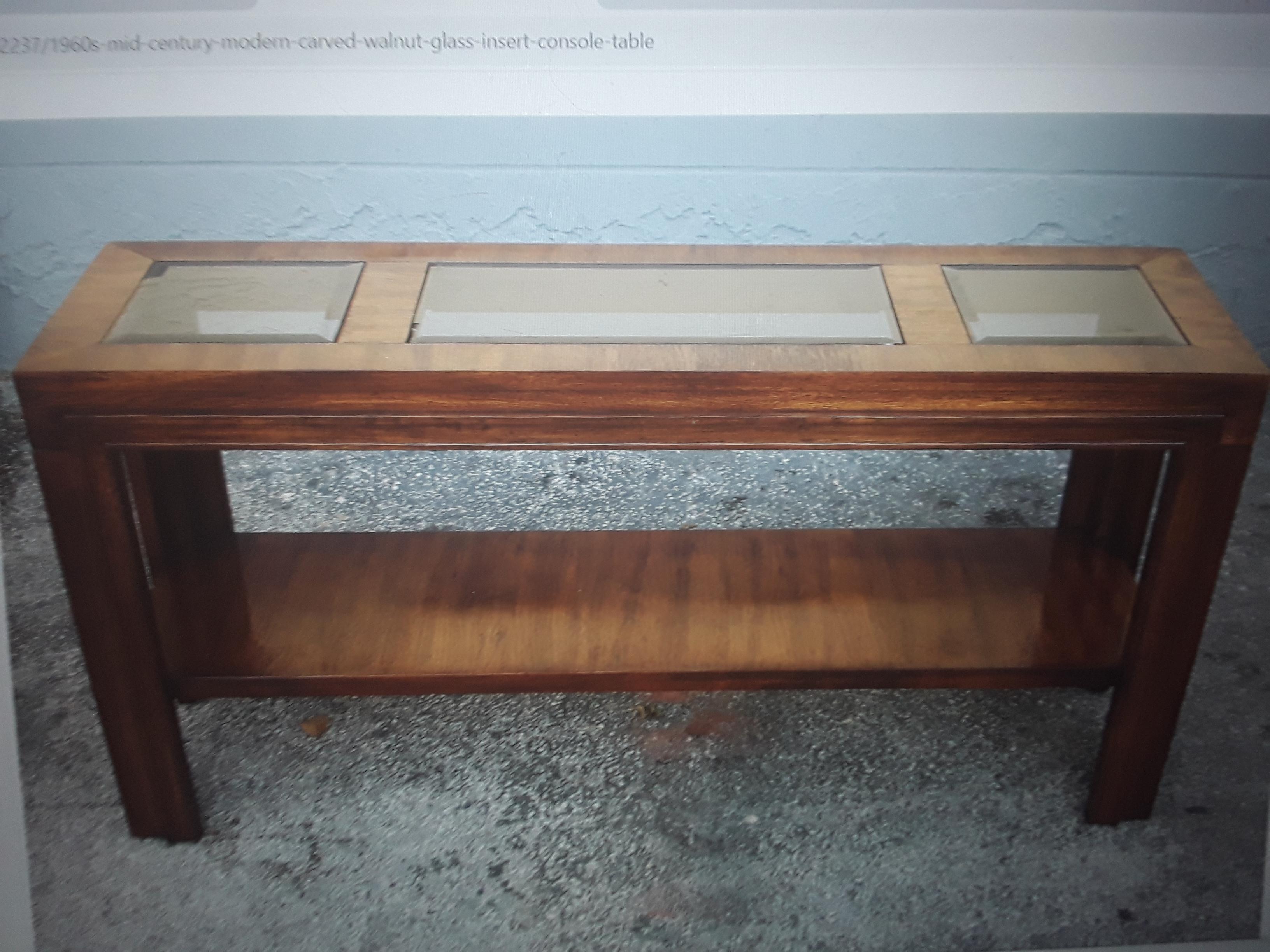 1960's Mid Century Modern Carved Walnut/ Glass Insert Console Table/ Sofa Table For Sale 5