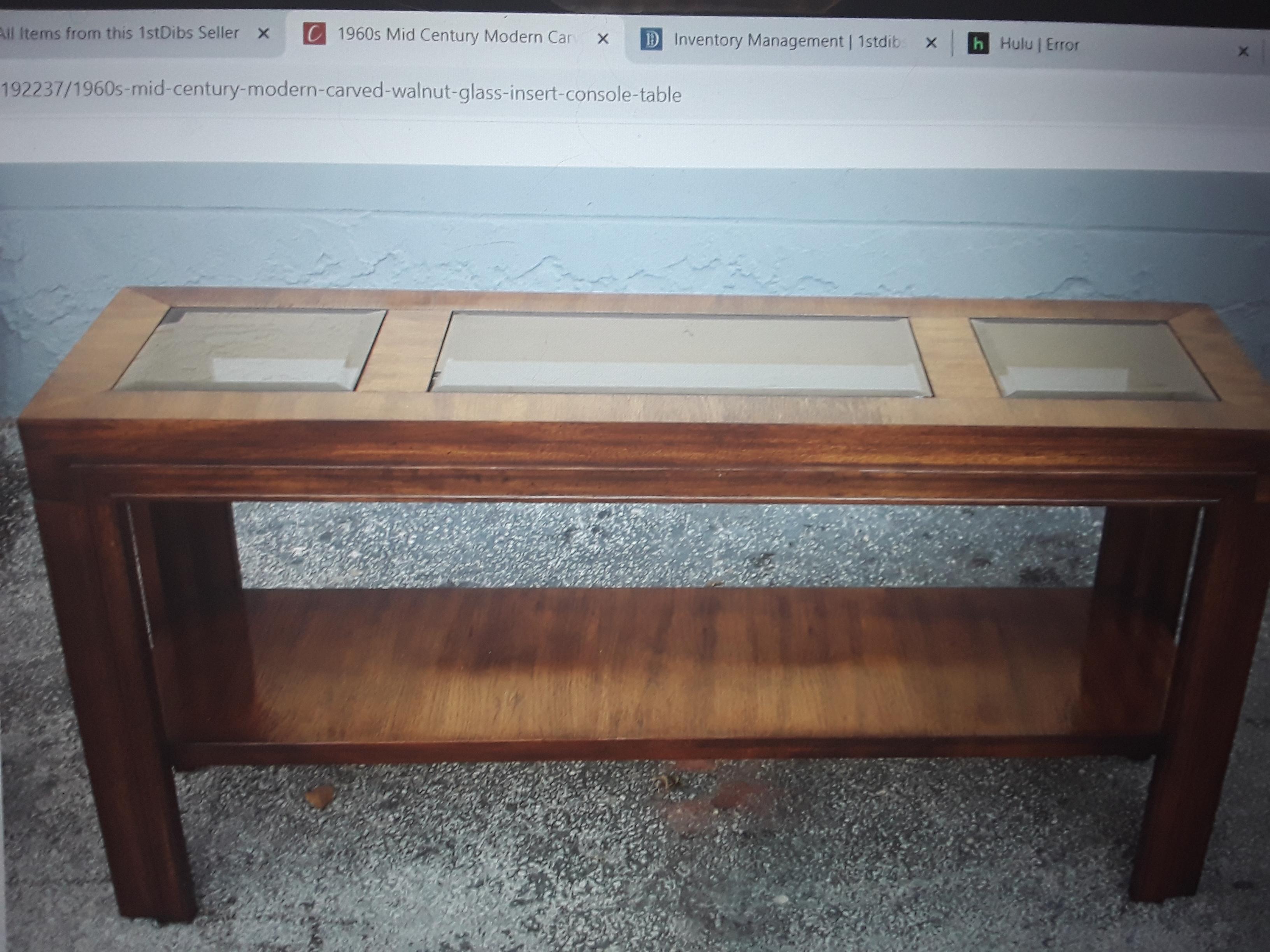1960's Mid Century Modern Carved Walnut/ Glass Insert Console Table/ Sofa Table For Sale 6