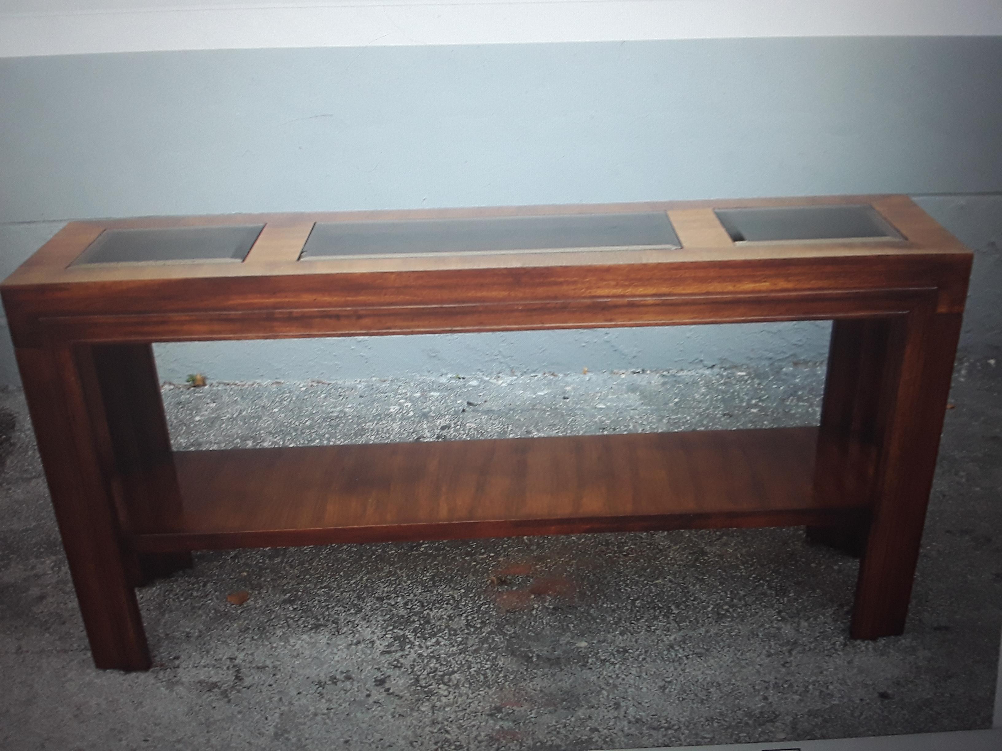 1960's Mid Century Modern Carved Walnut with Glass Insert Console Table/ Sofa Table. This console would work well as a behind the sofa table as well as a standard console table.