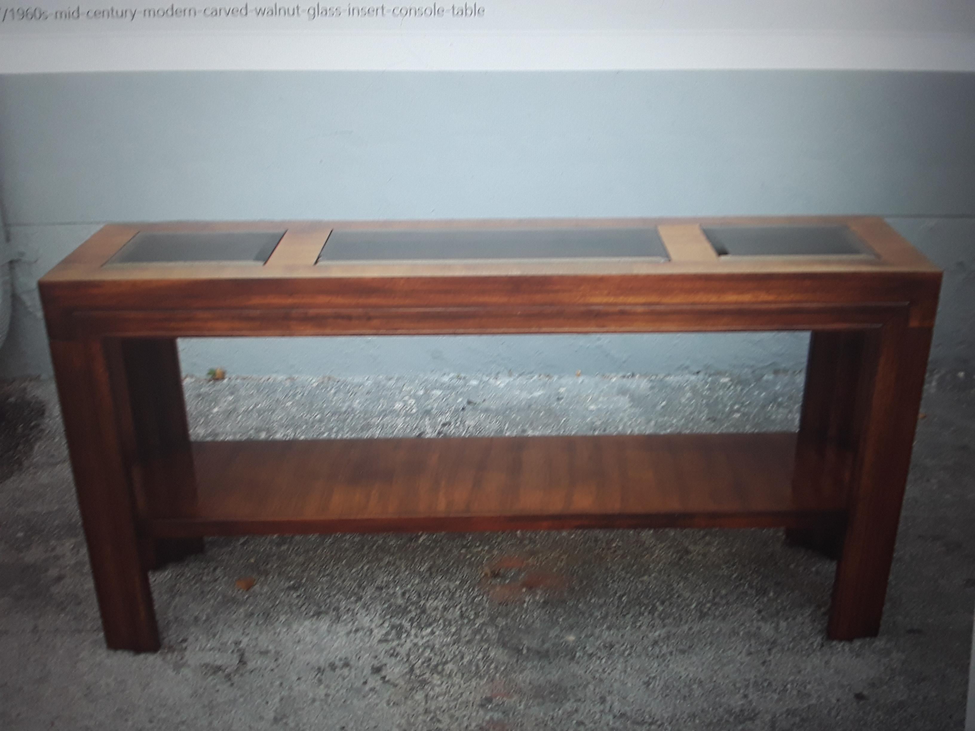 Mid-Century Modern 1960's Mid Century Modern Carved Walnut/ Glass Insert Console Table/ Sofa Table For Sale
