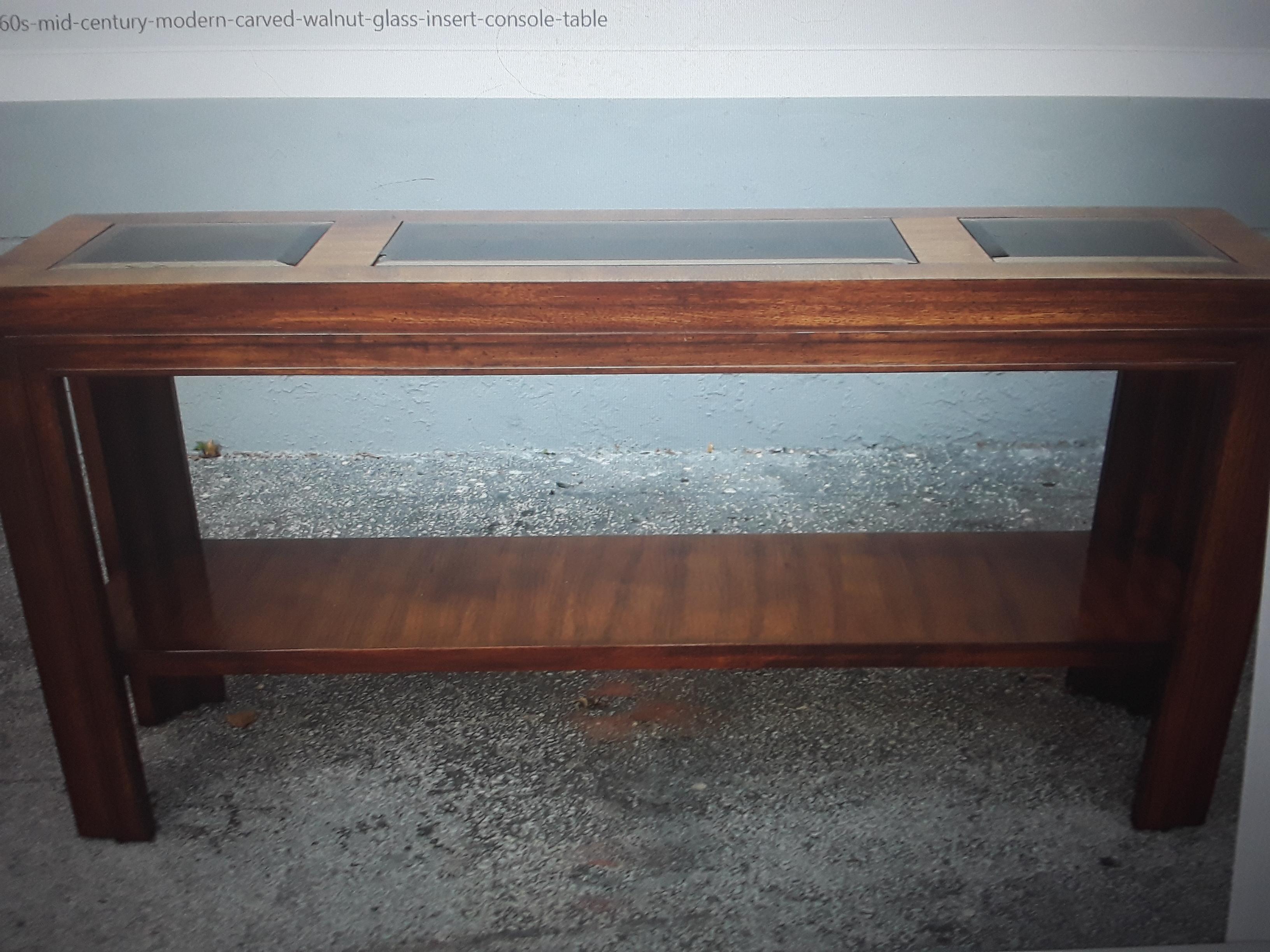 Mid-20th Century 1960's Mid Century Modern Carved Walnut/ Glass Insert Console Table/ Sofa Table For Sale