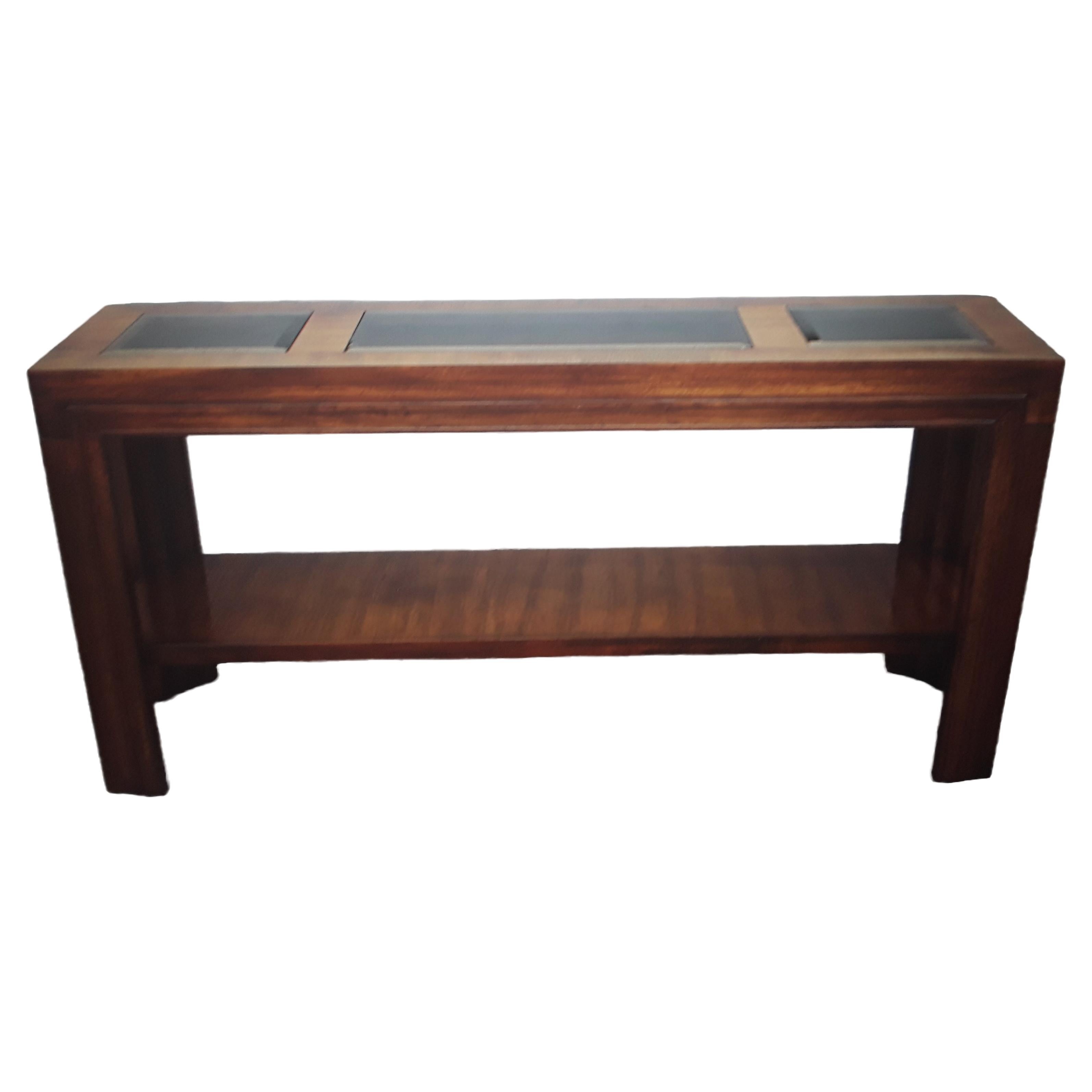 1960's Mid Century Modern Carved Walnut/ Glass Insert Console Table/ Sofa Table For Sale