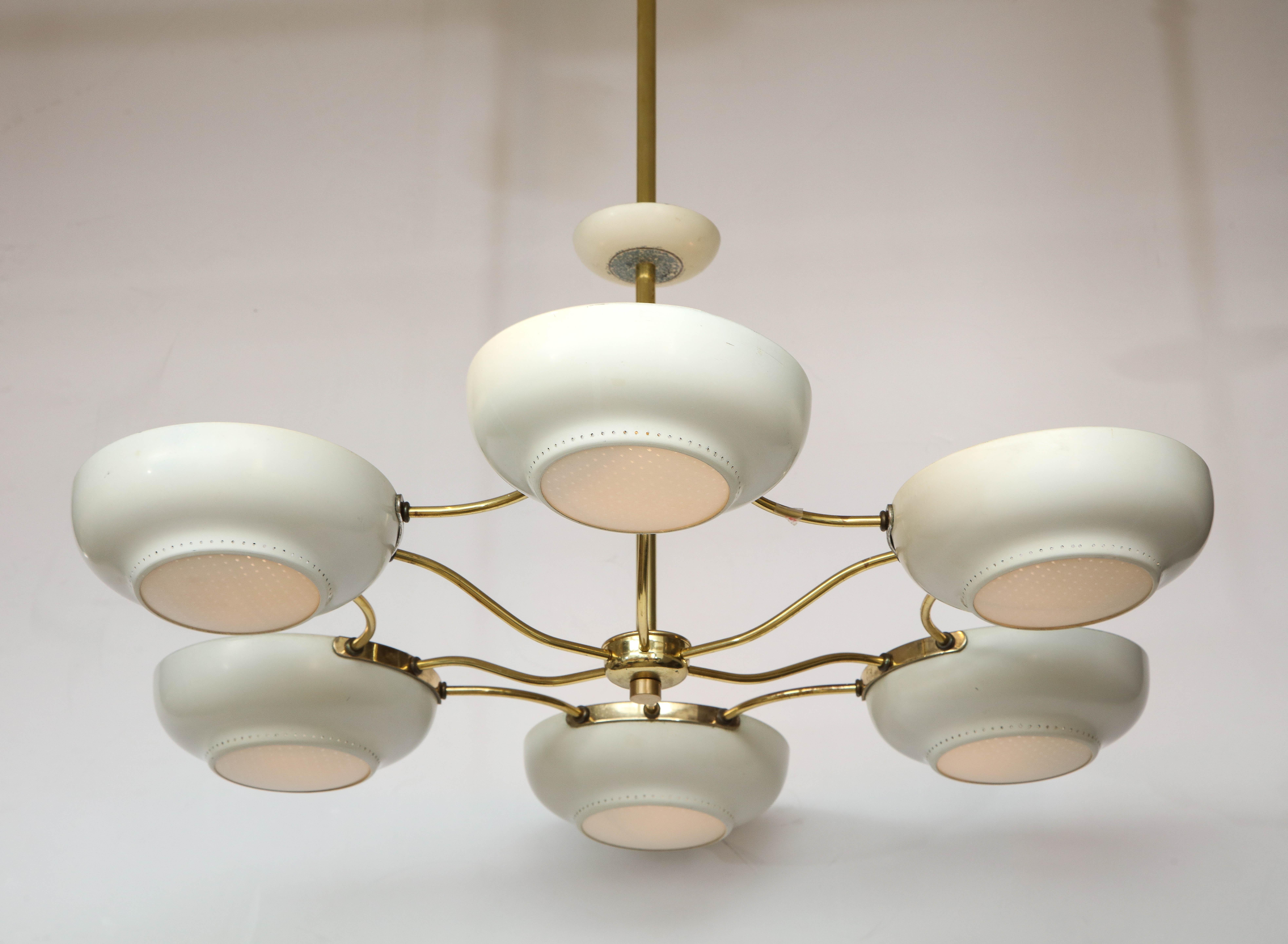 Stunning 1960's Mid-Century Modern brass and enamel chandelier attributed to Gerald Thurston for Lightolier, in vintage condition with minor wear and patina due to age and use, newly rewired and ready to use.