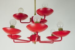 1960s mid century modern CHANDELIER, red metal and brass, 9 crackleglass shades