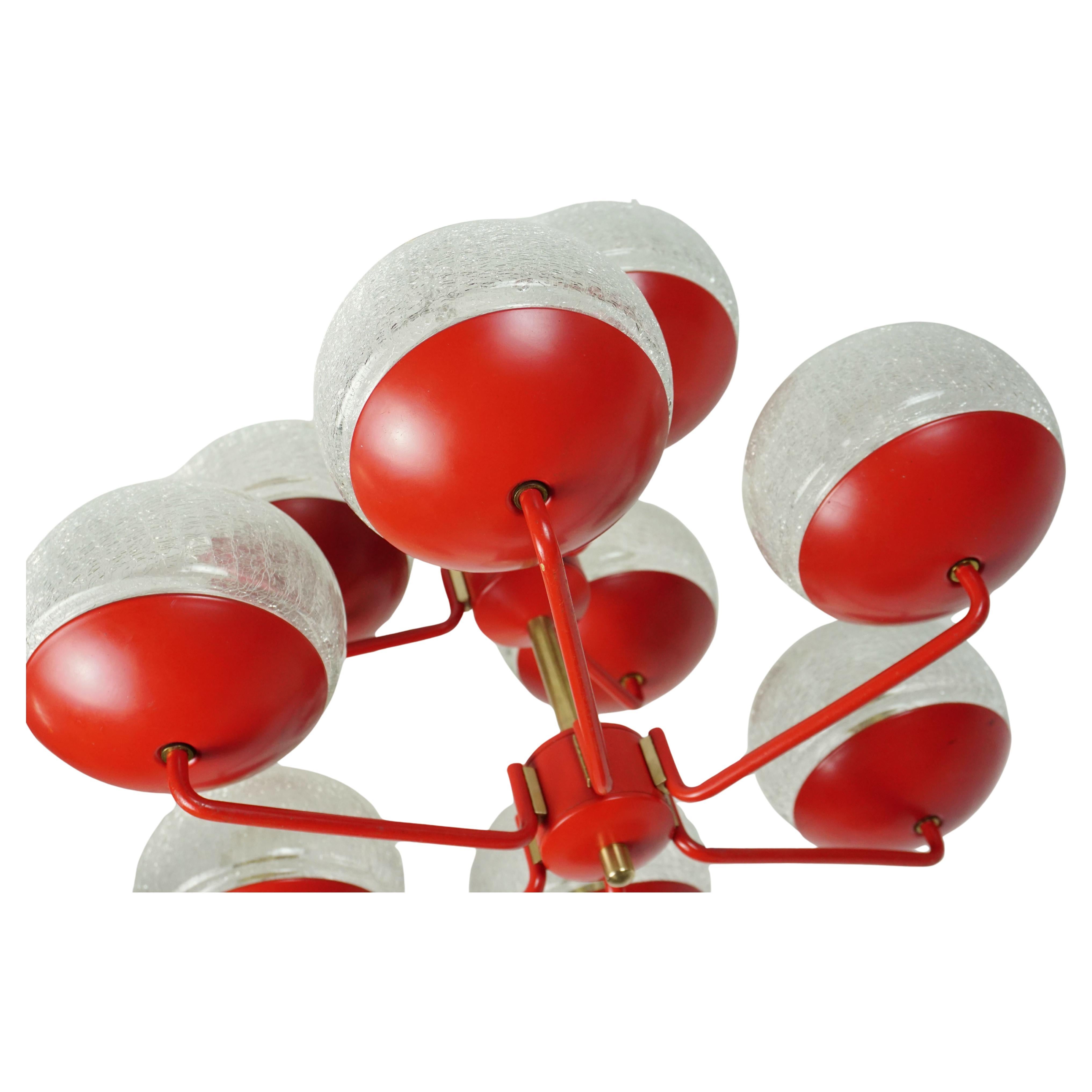 1960s mid century modern CHANDELIER, red metal and brass, 9 crackleglass shades For Sale