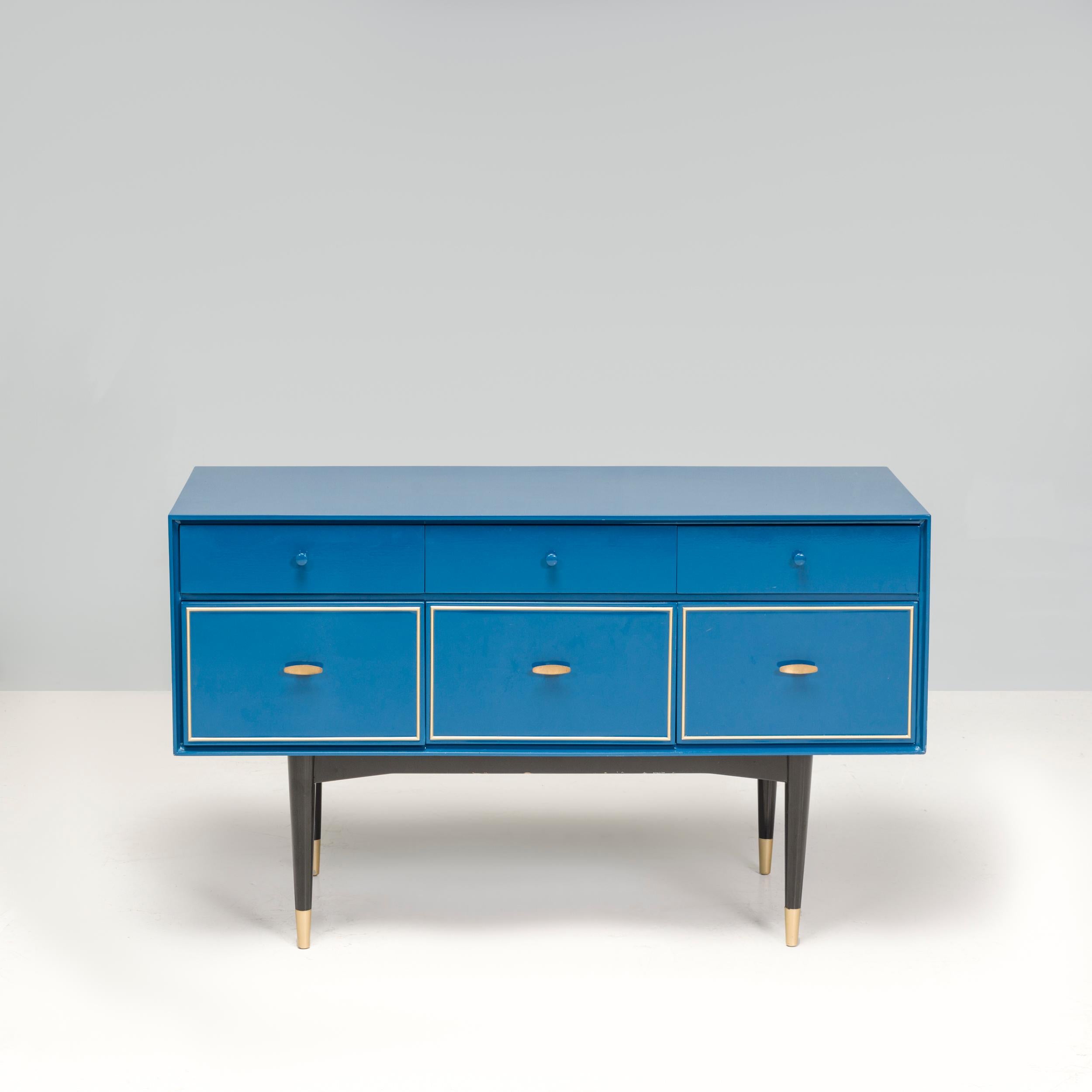  1960s Mid Century Modern Chest of drawers Blue Gloss With Brass Trim  4