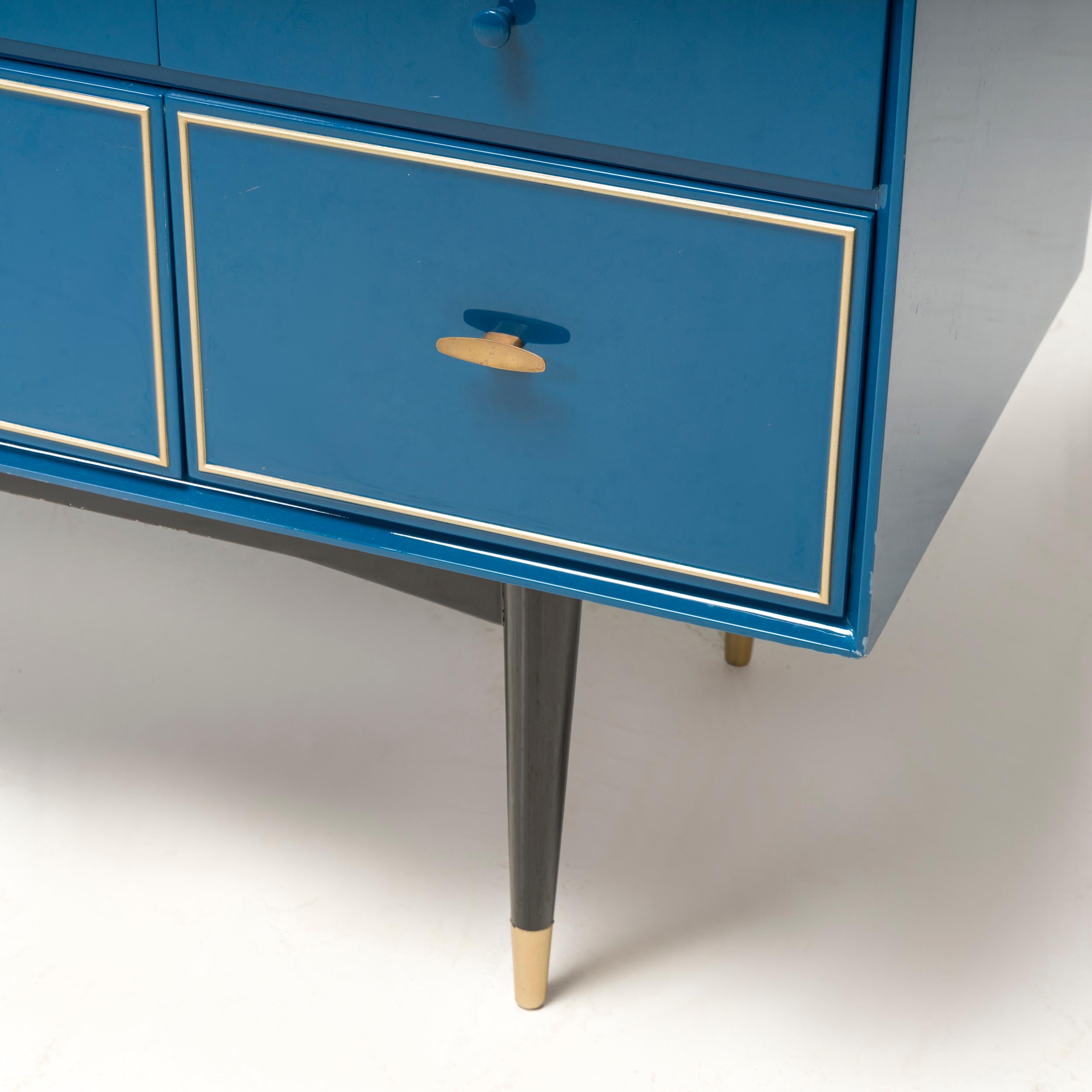  1960s Mid Century Modern Chest of drawers Blue Gloss With Brass Trim  5