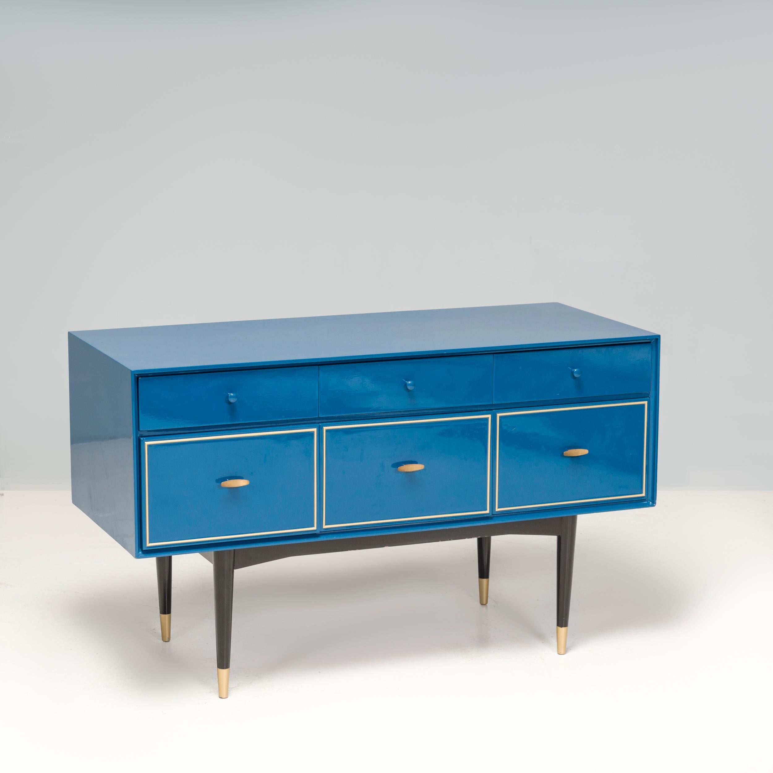 This blue 1960s chest of drawers would add a distinctive flare of colour to any living space, brightening up the room. It offers a contemporary update on a mid-century traditional design, with a unique asymmetric feel due to the support frame being