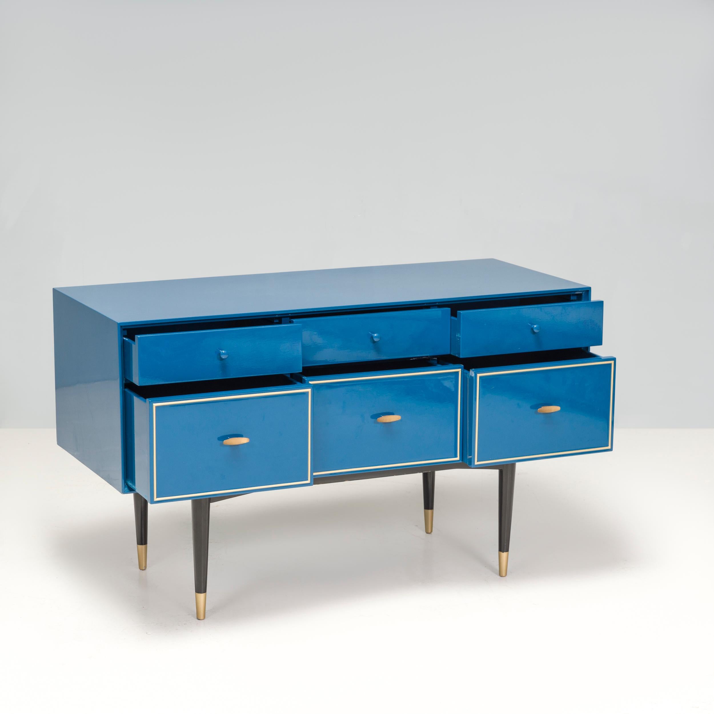 Mid-Century Modern  1960s Mid Century Modern Chest of drawers Blue Gloss With Brass Trim 