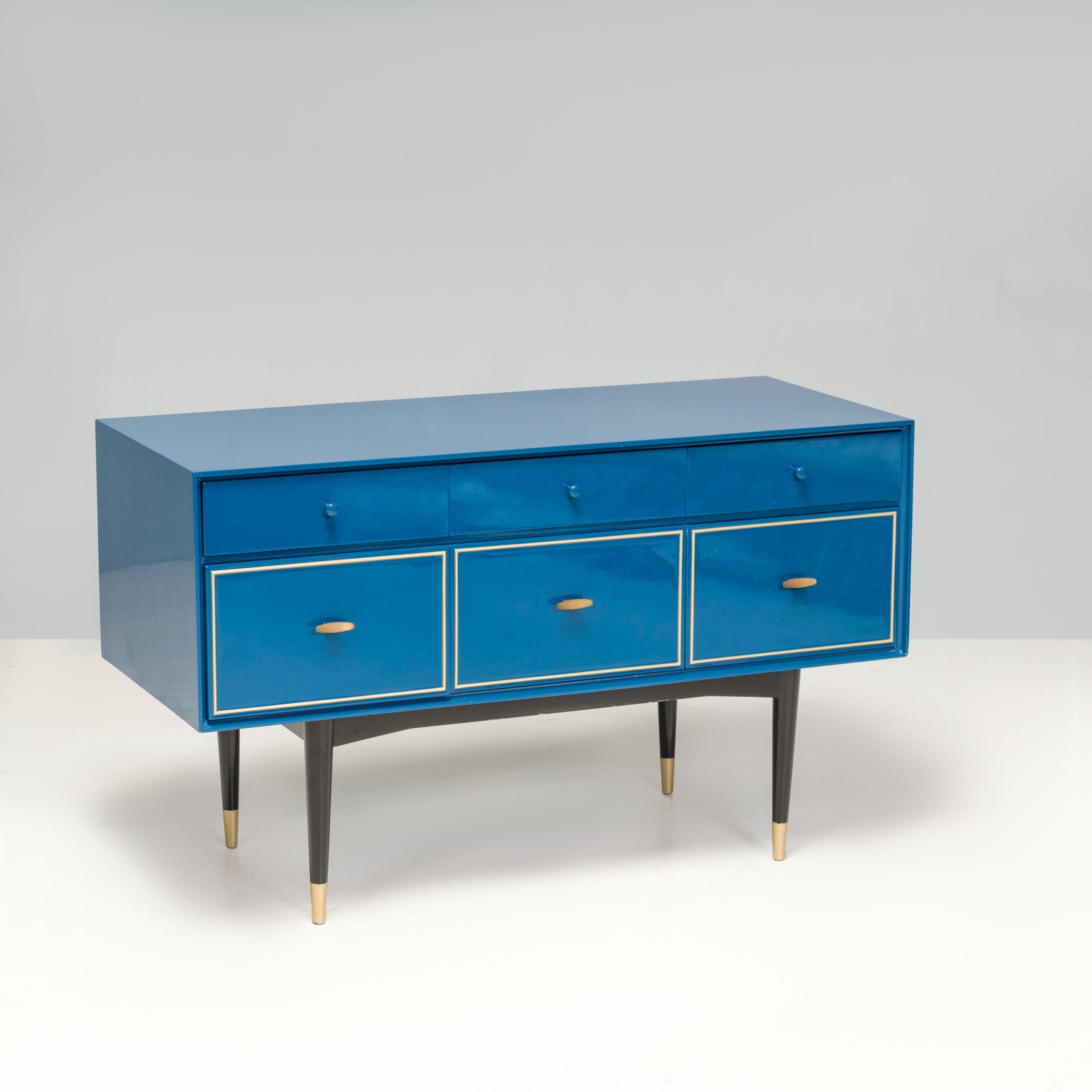  1960s Mid Century Modern Chest of drawers Blue Gloss With Brass Trim  In Good Condition In London, GB