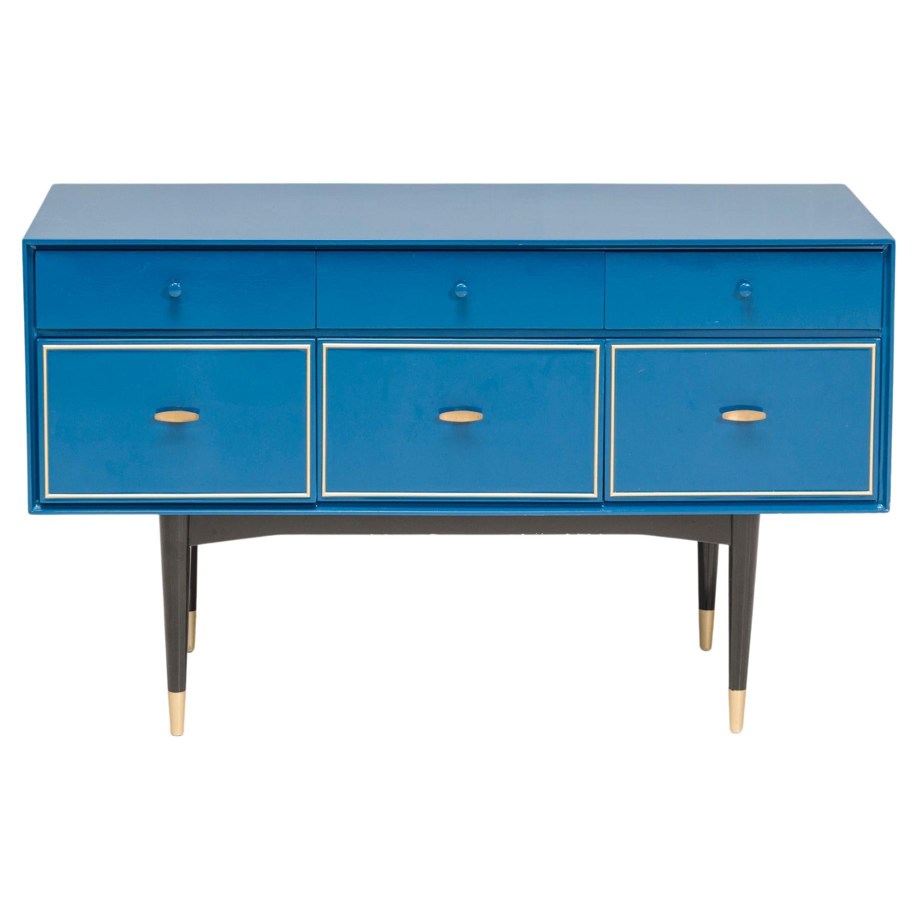  1960s Mid Century Modern Chest of drawers Blue Gloss With Brass Trim 