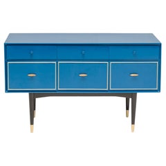 Vintage  1960s Mid Century Modern Chest of drawers Blue Gloss With Brass Trim 