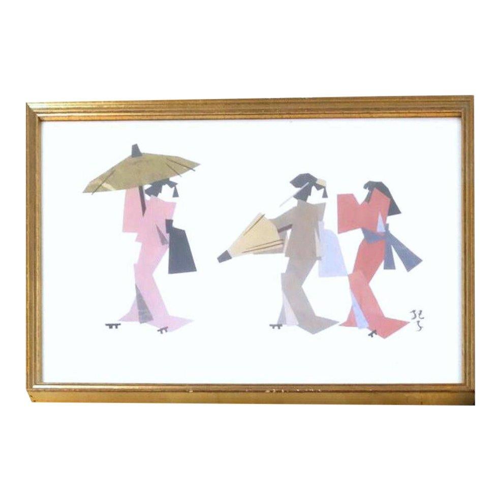 American Ukiyo-E Japonisme Geisha Paper Cubist Collage, Kimono, Mid-Century Mixed Media 