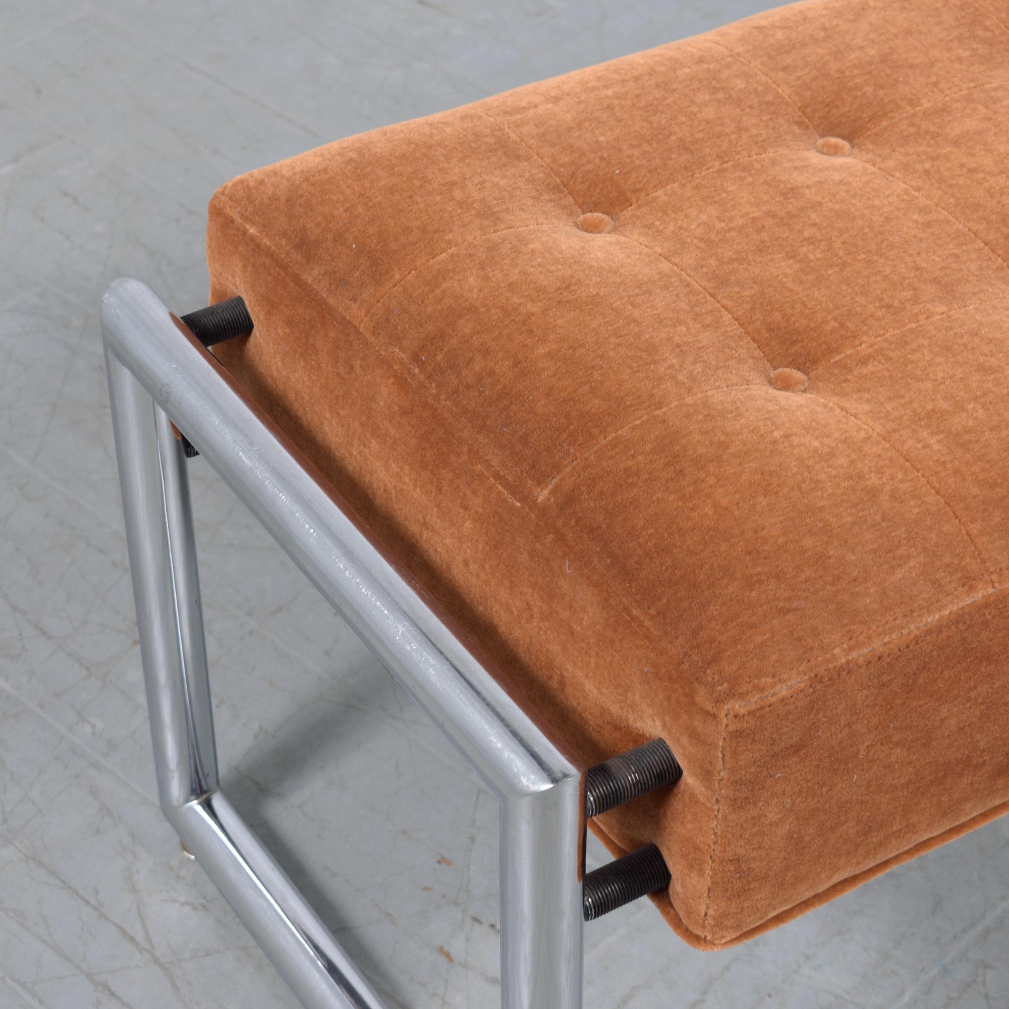 Hand-Crafted 1960s Mid-Century Modern Chrome Bench with Mohair Velvet Upholstery