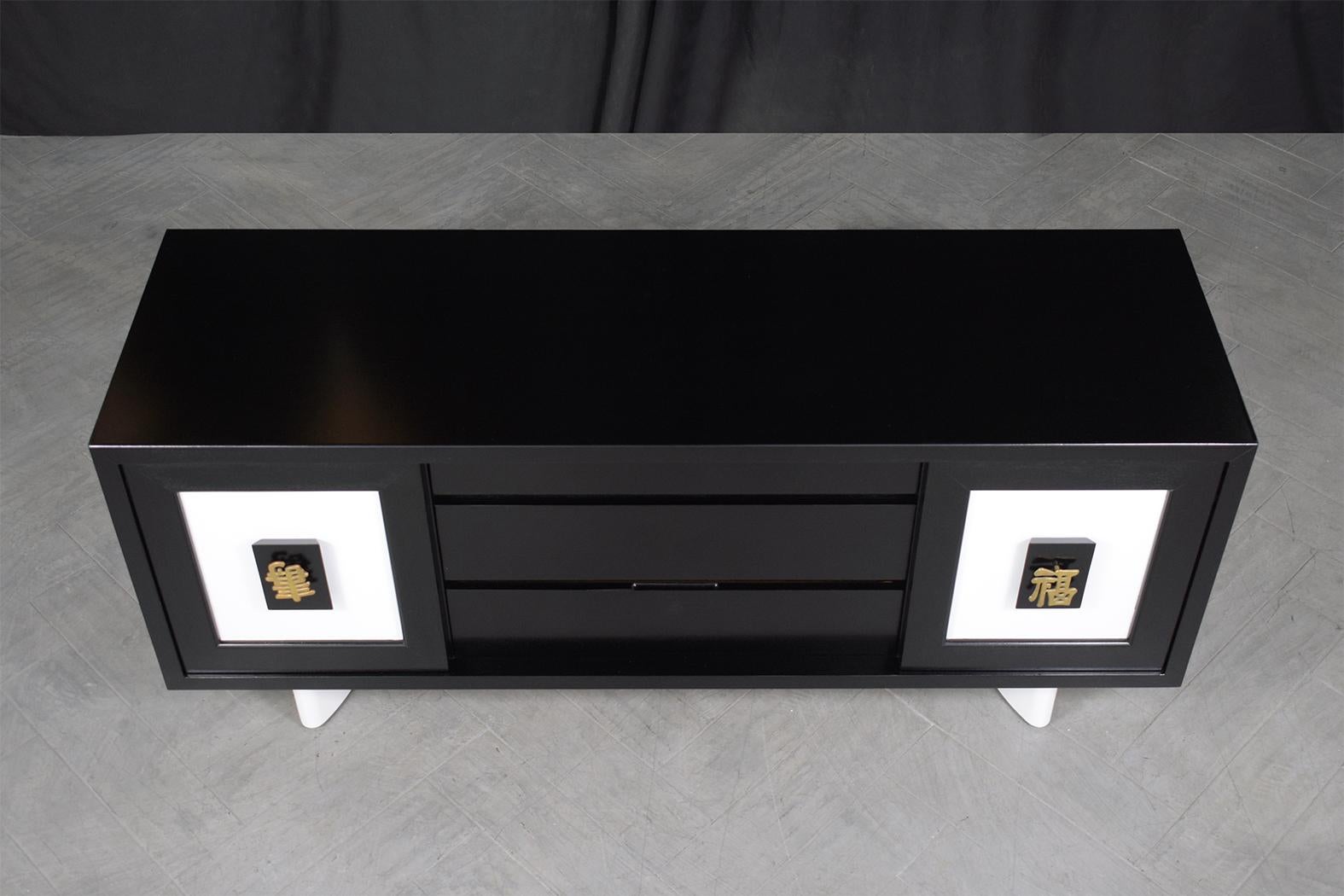 Hand-Crafted Restored 1960s Mid-Century Walnut Credenza with Black & White Lacquer Finish For Sale