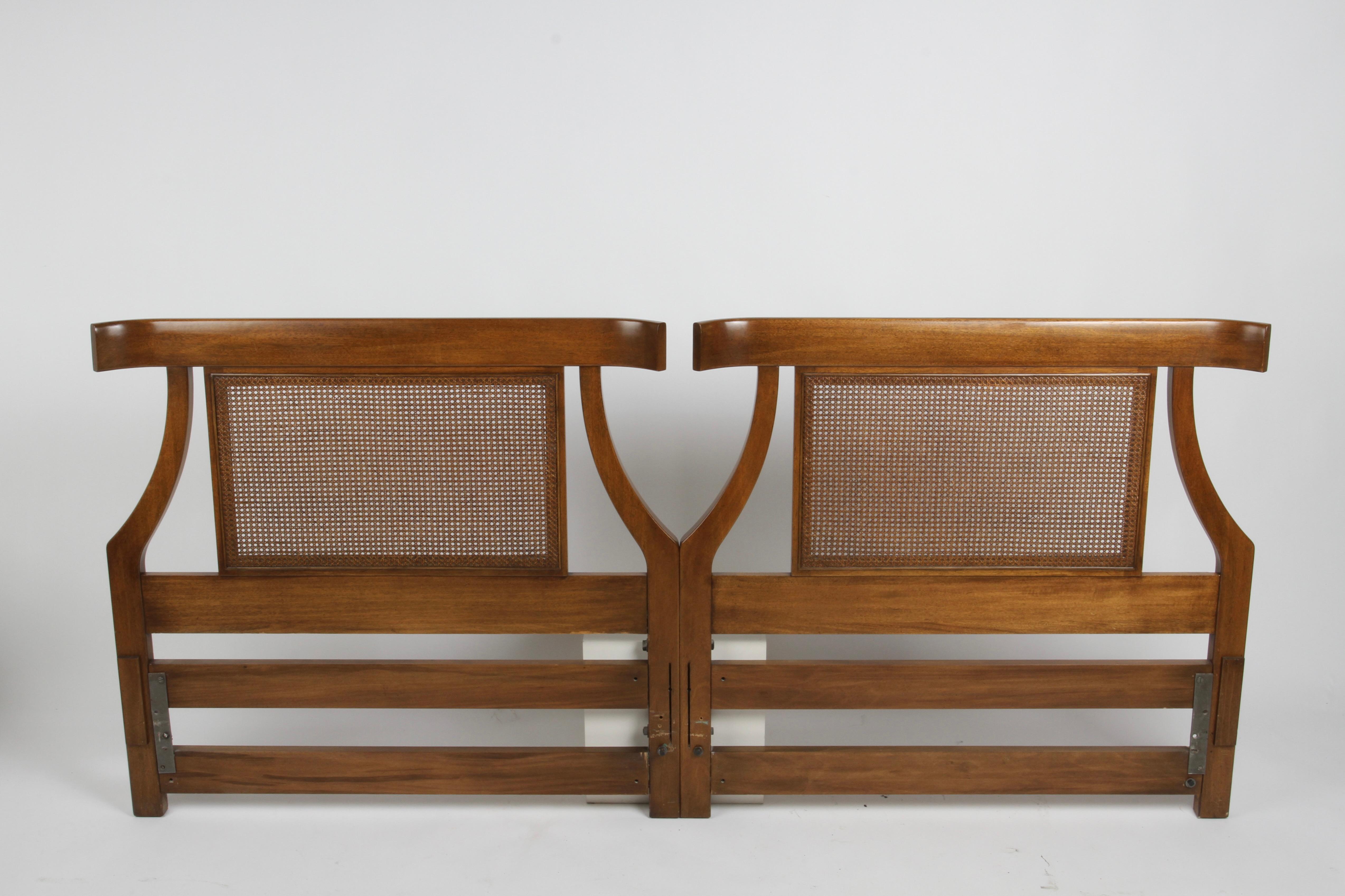 Mid-Century Modern king size headboard from the 1960's, mahogany frame with caned panels and sculptured curved top by White Furniture Company. Curved top frame very similar to Tomlinson Sophisticate chairs I've sold or even Baker Furniture chairs.