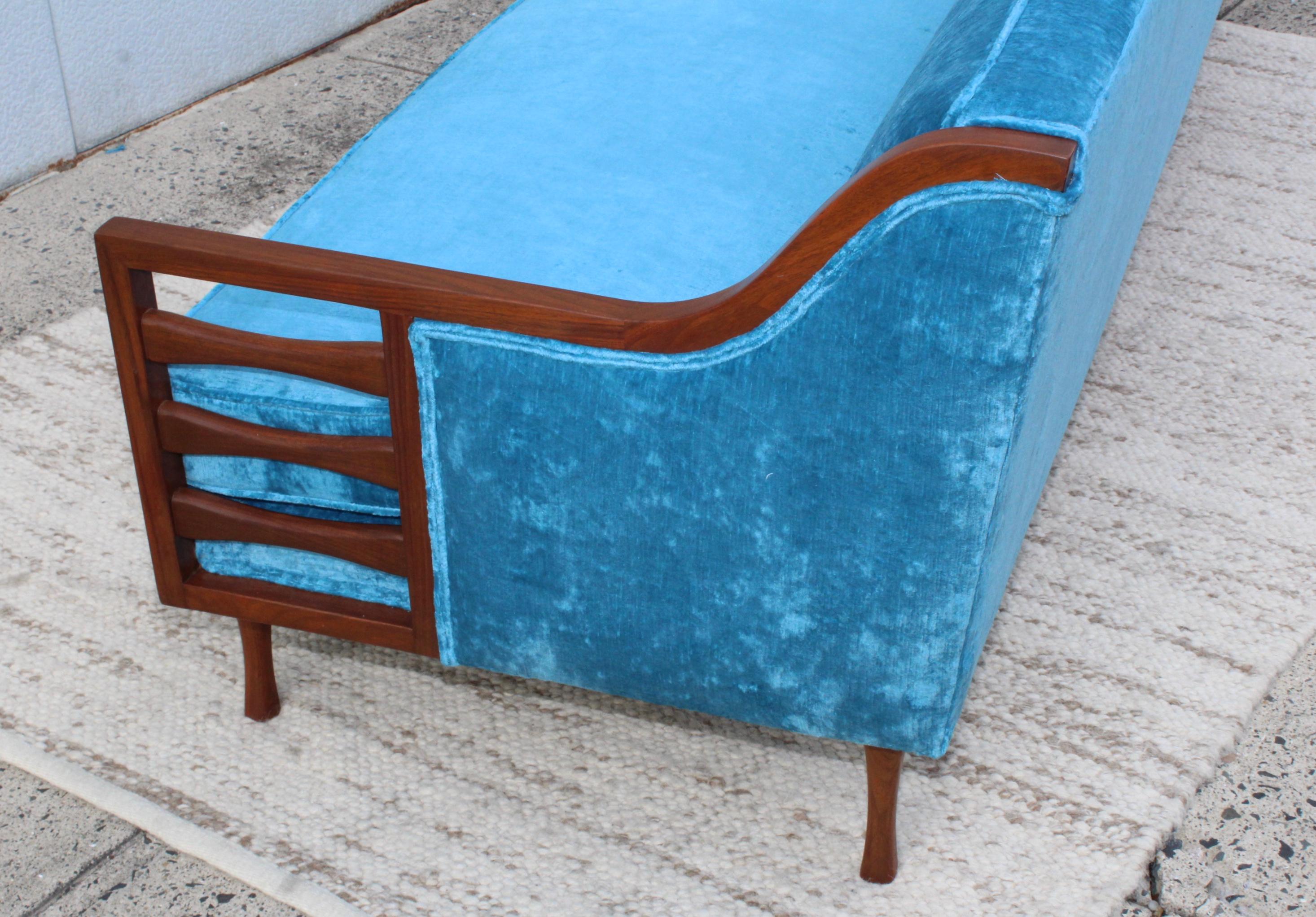 Velvet 1960s Mid-Century Modern Custom Made Walnut Sofa